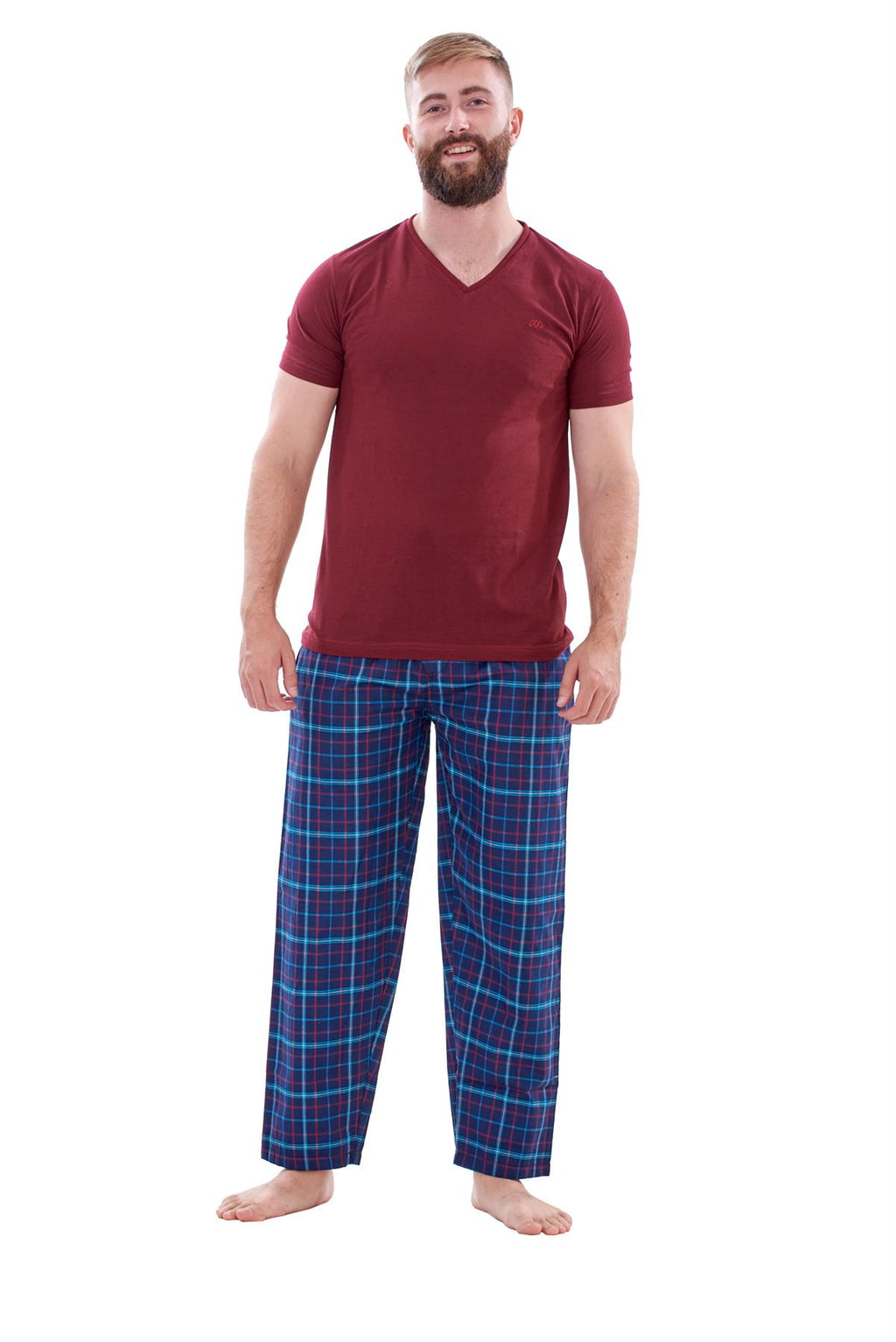 Mens Nightwear Pyjama Set Woven Cotton Check Jersey Top Loungewear Lightweight