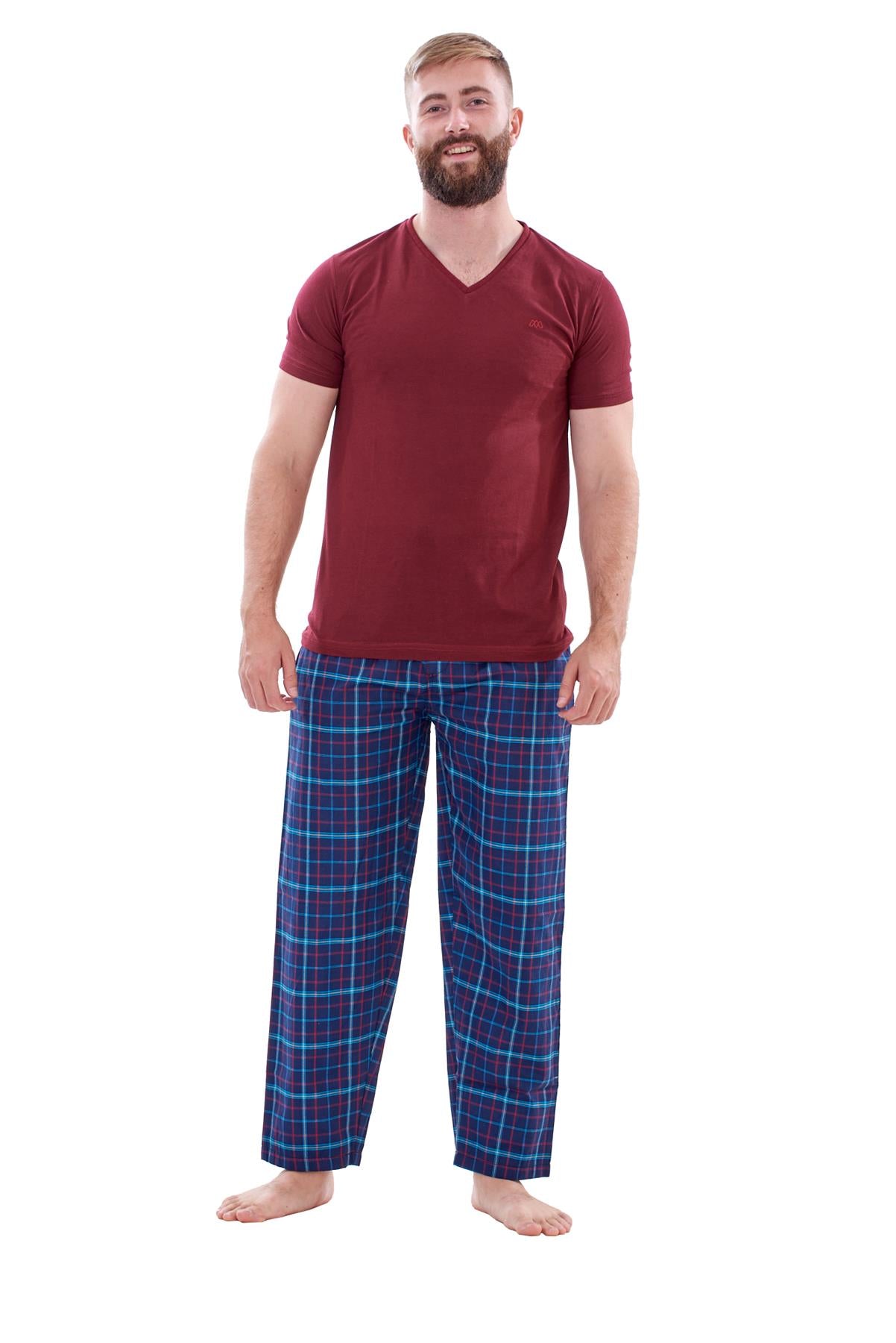 Mens Nightwear Pyjama Set Woven Cotton Check Jersey Top Loungewear Lightweight