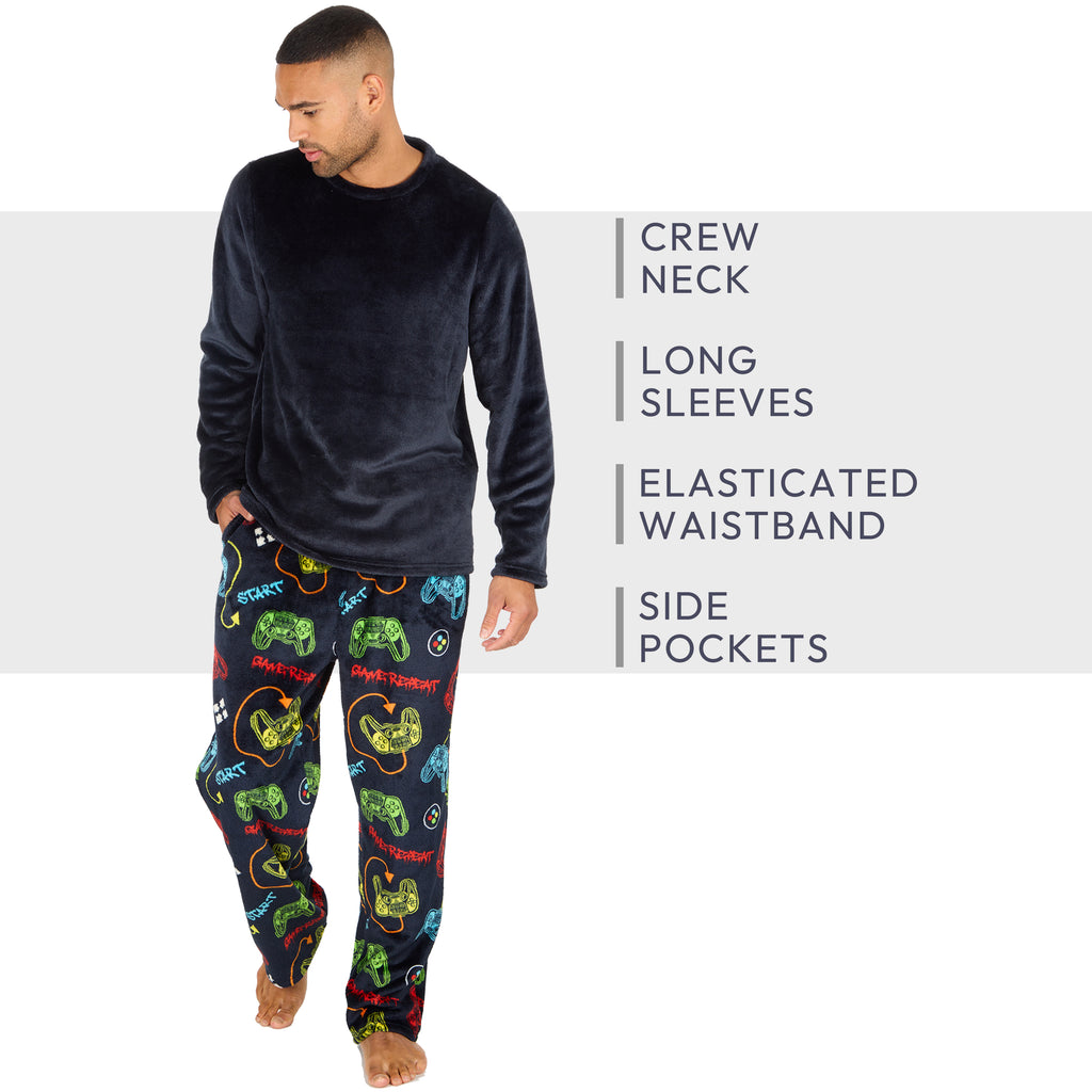 Mens Plush Fleece Lounge Set Gaming Pyjama Set Gamer Top and Bottoms PJ's S-XXL