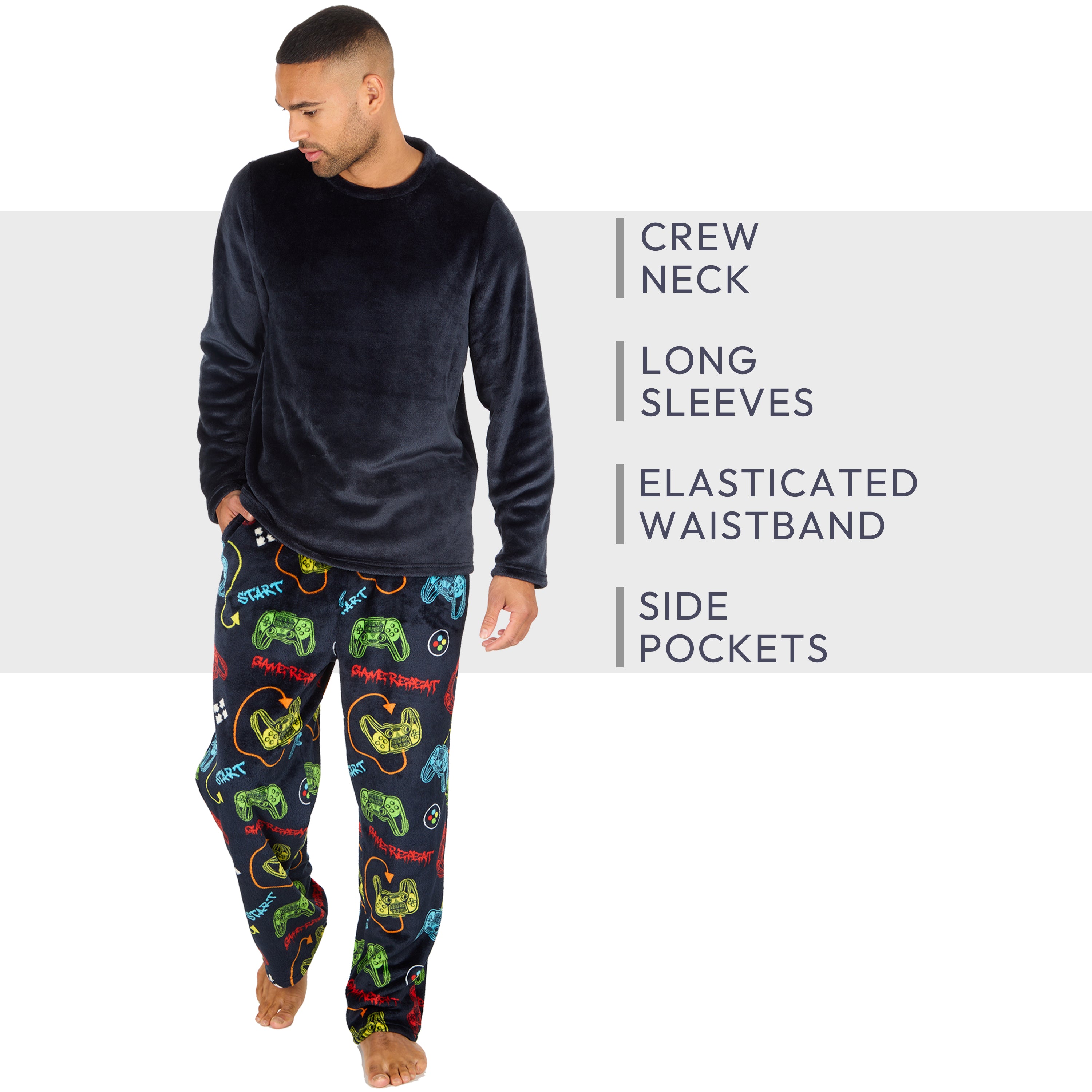Mens Plush Fleece Lounge Set Gaming Pyjama Set Gamer Top and Bottoms PJ's S-XXL