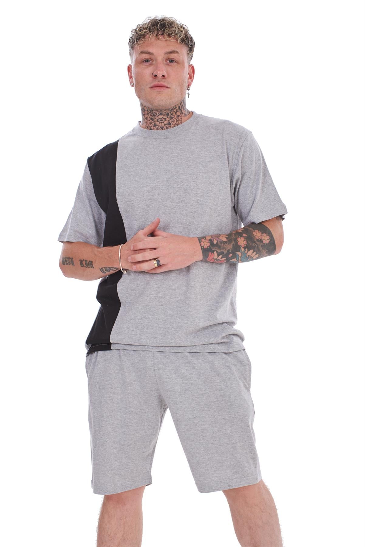 Mens Contrast Panel T-Shirt & Shorts Set Summer Tracksuit 2 Piece loungewear