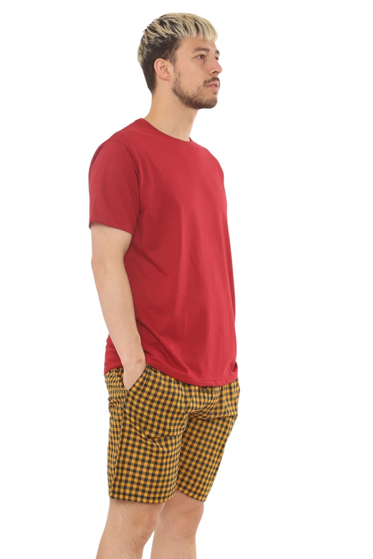 Mens Check Cotton Pyjama Set T-Shirt Woven Shorts Lounge Sleepwear Nightwear Set