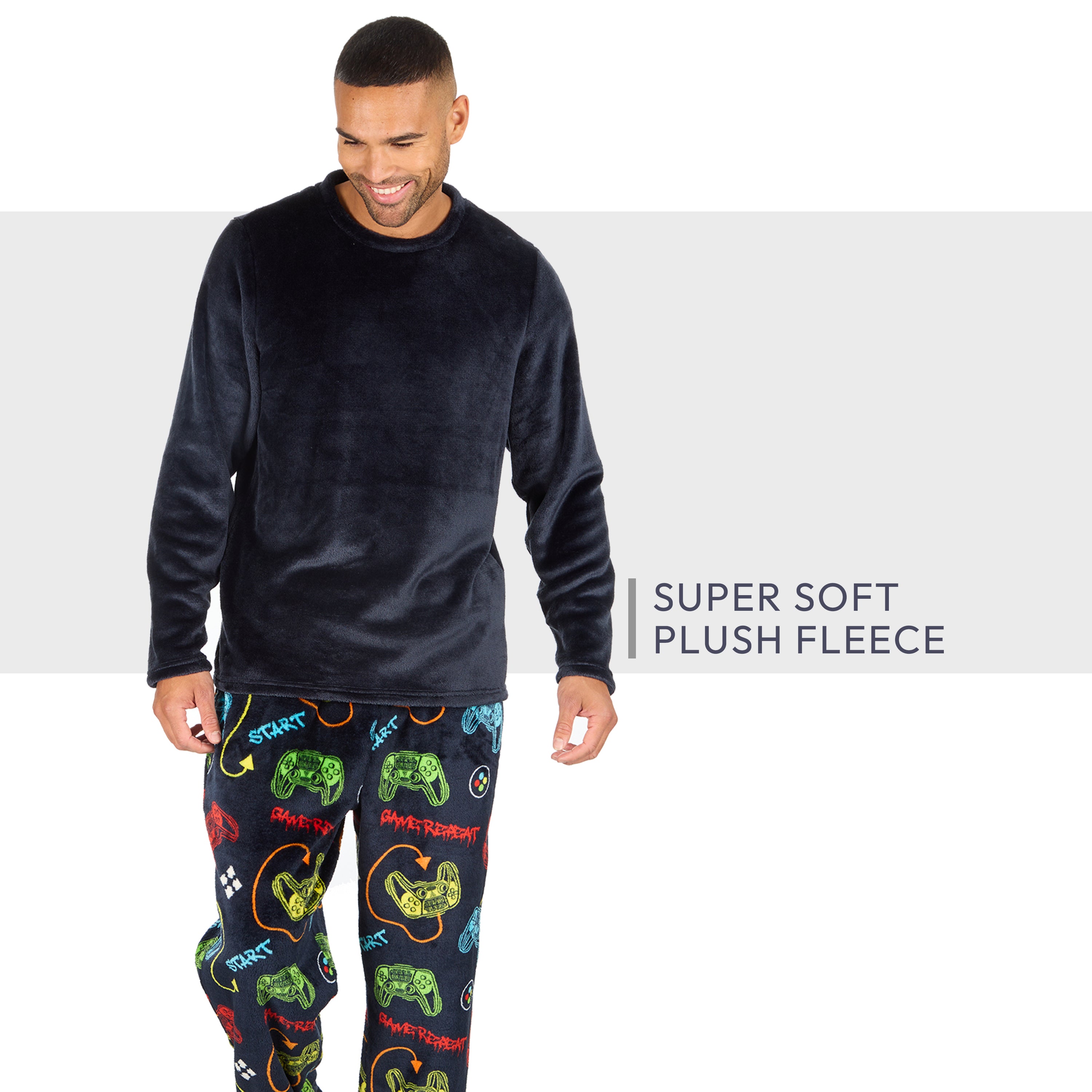 Mens Plush Fleece Lounge Set Gaming Pyjama Set Gamer Top and Bottoms PJ's S-XXL