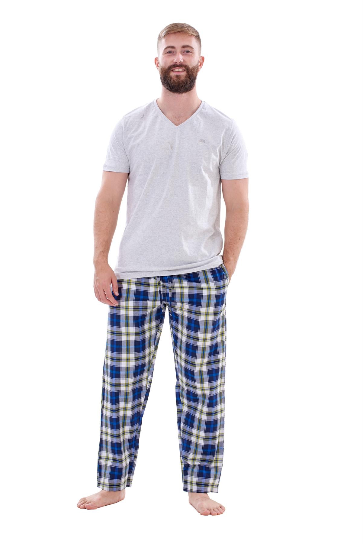 Mens Nightwear Pyjama Set Woven Cotton Check Jersey Top Loungewear Lightweight