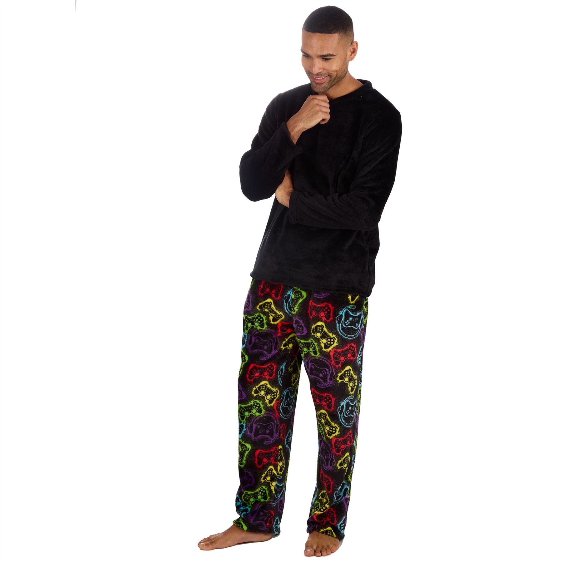 Mens Fleece Pyjamas Long Sleeve Pyjama Set Gamer Gaming Check Size S-XXL