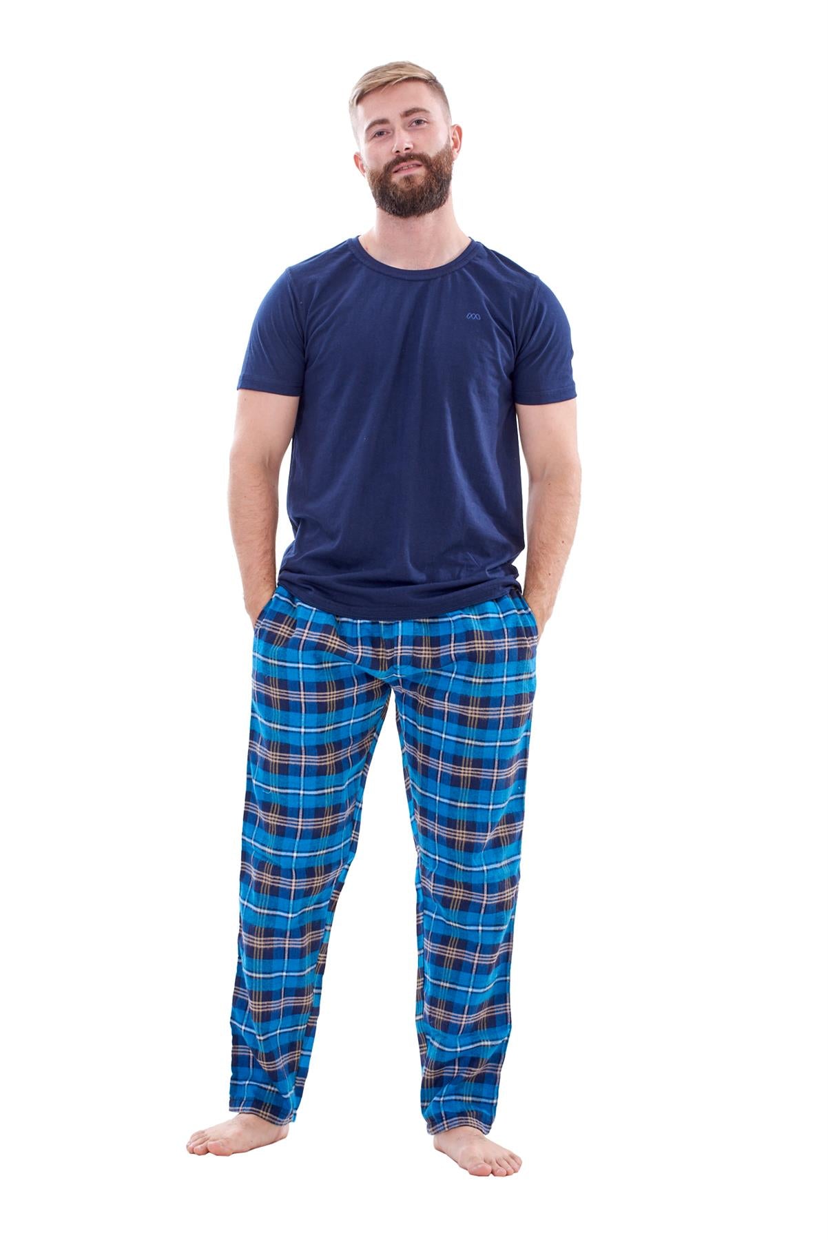 Mens Flannel Pyjama Set Brushed Cotton Check Jersey Top Loungewear Lightweight