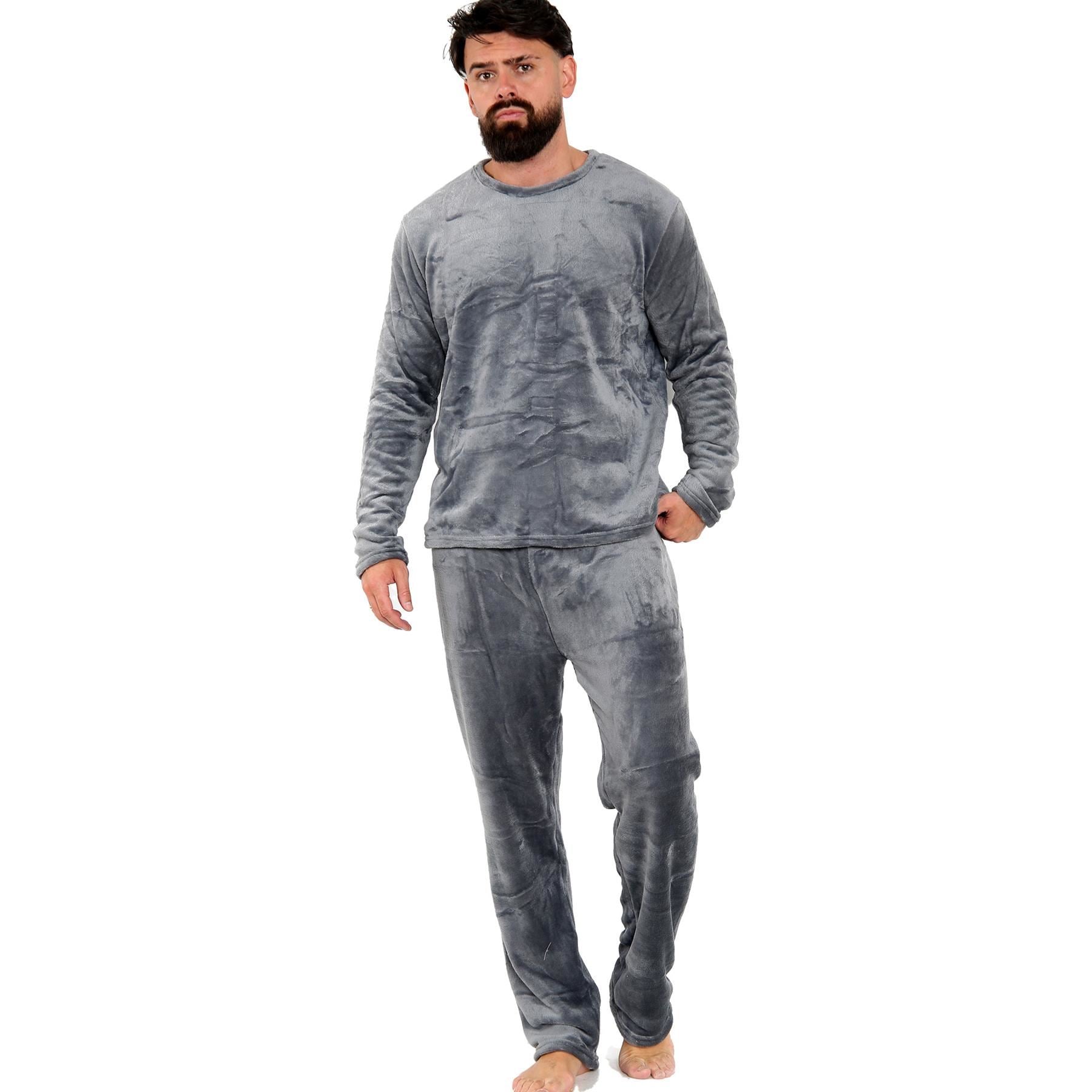 Mens Pyjamas Soft Warm Fleece Adults Crew Neck Pyjamas 2 Piece Gift Set For Mens