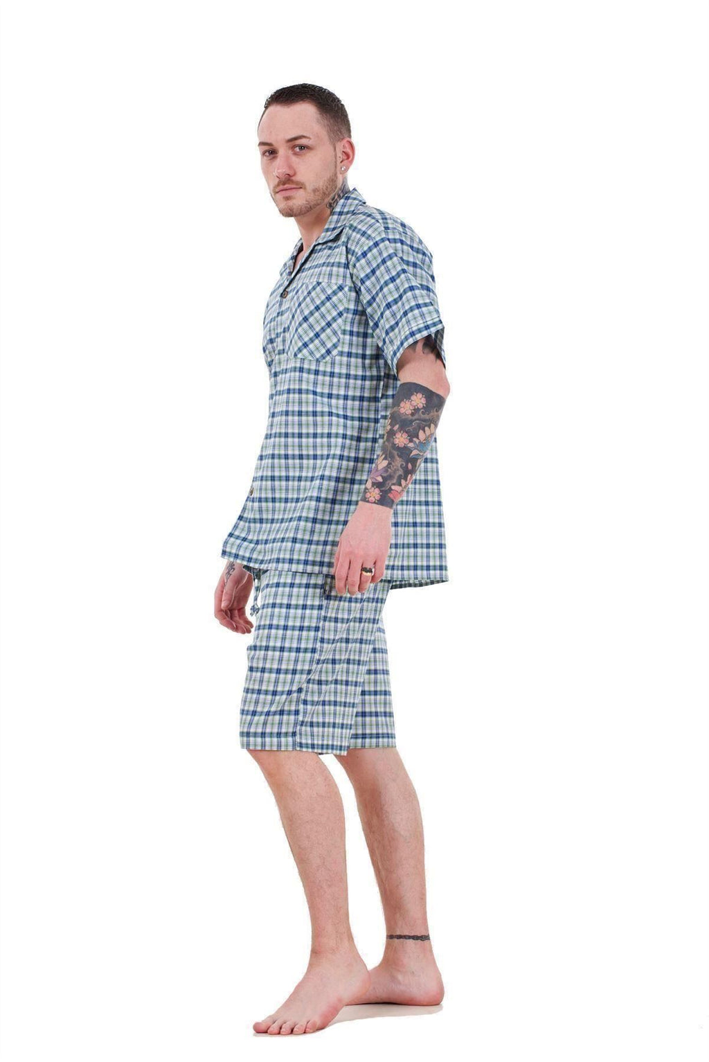 Mens Yarn Dyed Woven Pyjama Set Regular Big Size Check Cotton Blend Shorts M-5XL