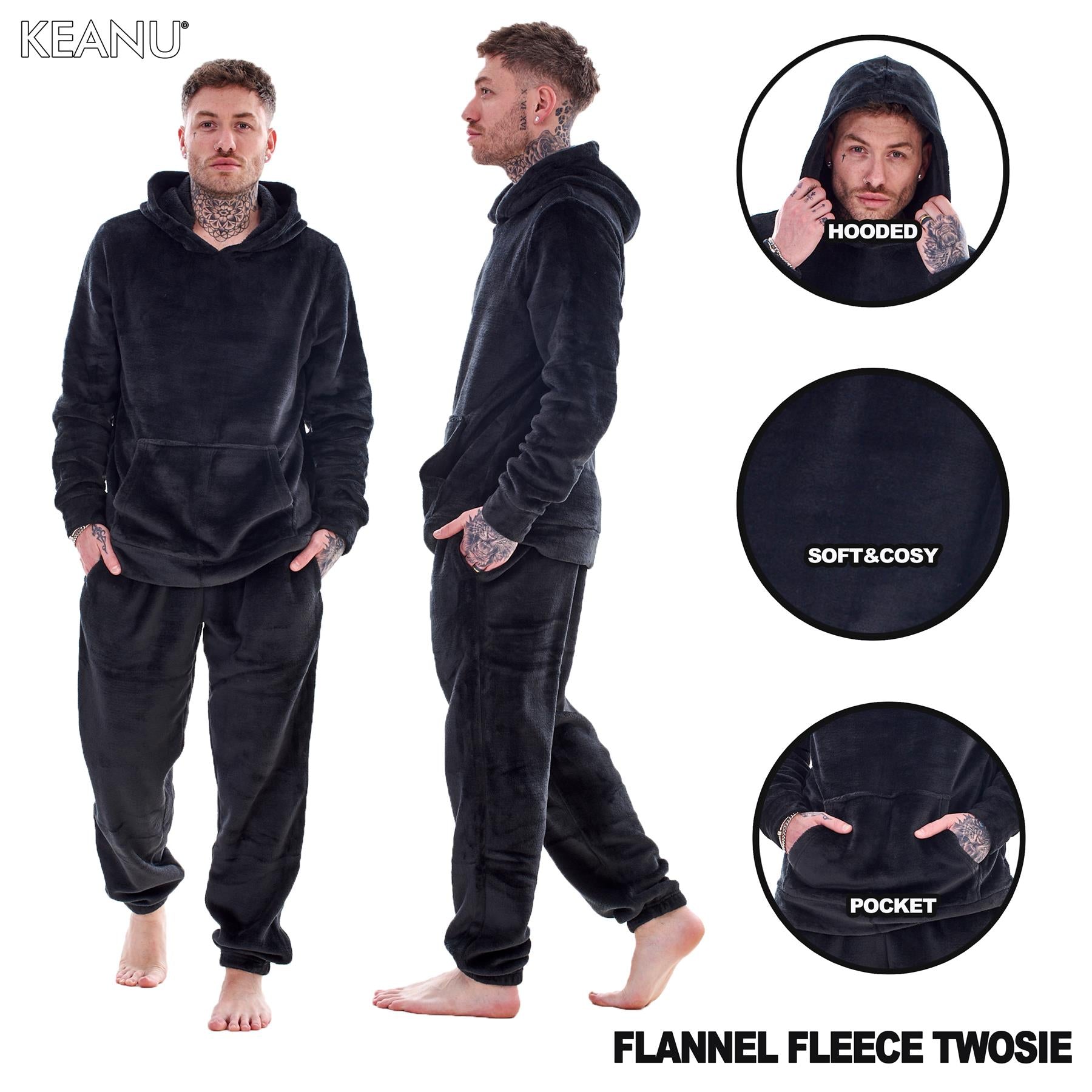 Mens Luxury Flannel Fleece Hooded Pyjamas Twosies Crew Neck Lounge Set Soft Warm