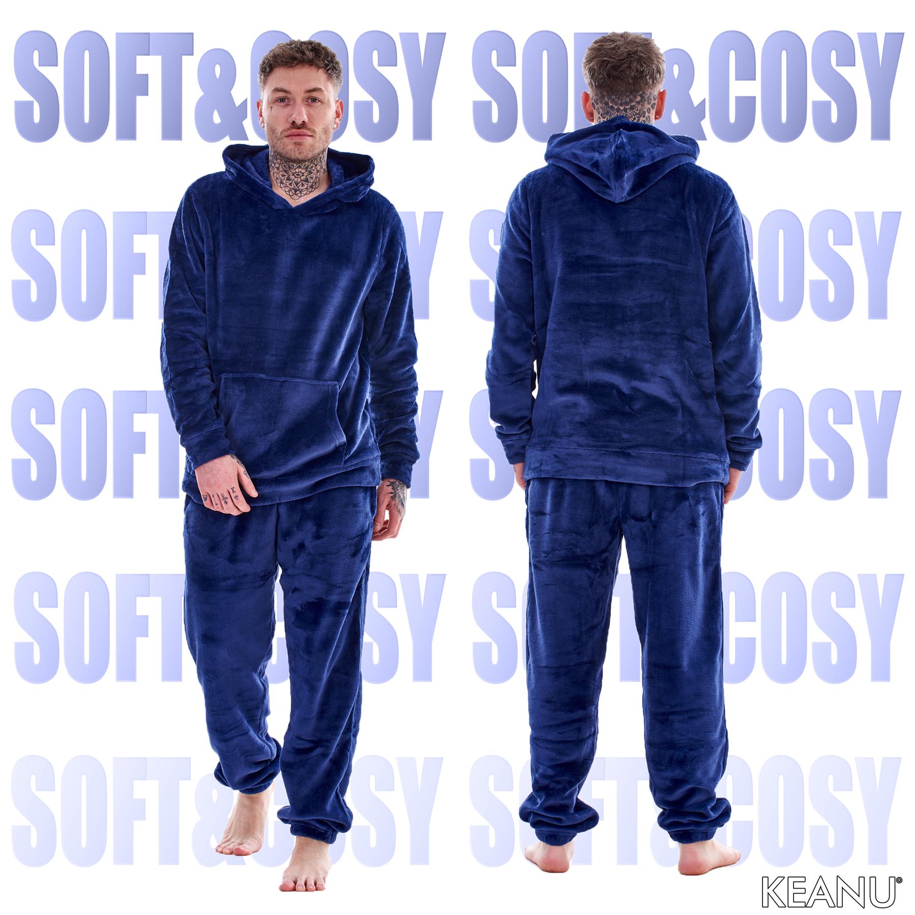 Mens Luxury Flannel Fleece Hooded Pyjamas Twosies Crew Neck Lounge Set Soft Warm