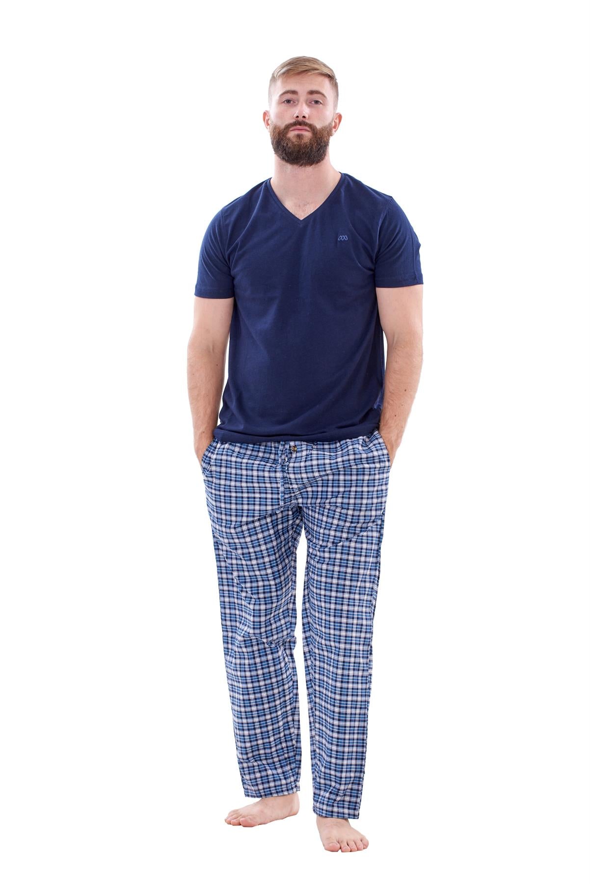 Mens Nightwear Pyjama Set Woven Cotton Check Jersey Top Loungewear Lightweight