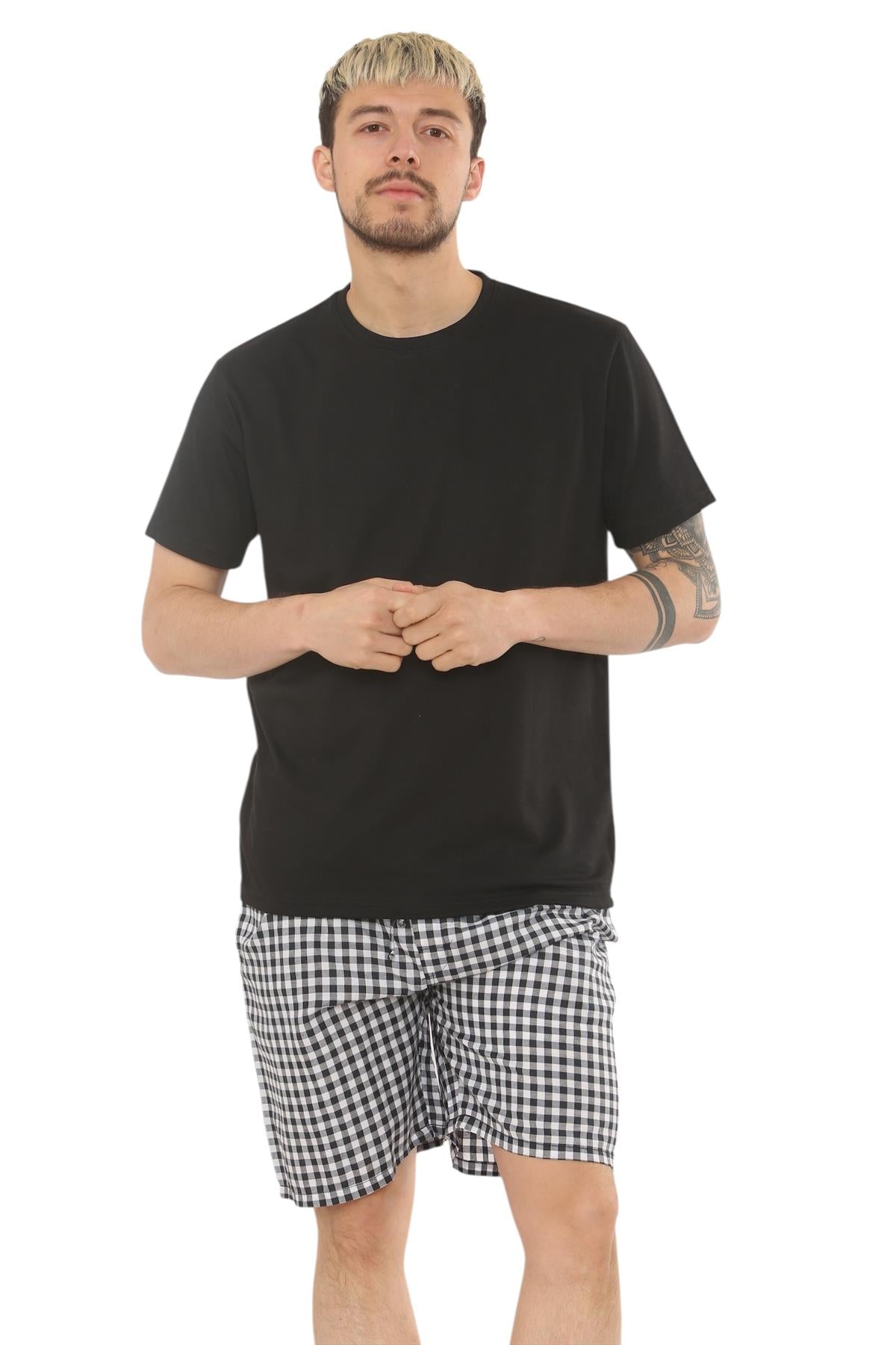 Mens Check Cotton Pyjama Set T-Shirt Woven Shorts Lounge Sleepwear Nightwear Set