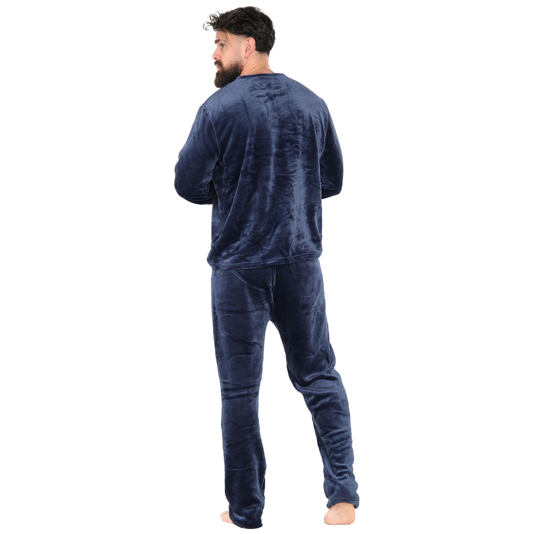 Mens Pyjamas Soft Warm Fleece Adults Crew Neck Pyjamas 2 Piece Gift Set For Mens
