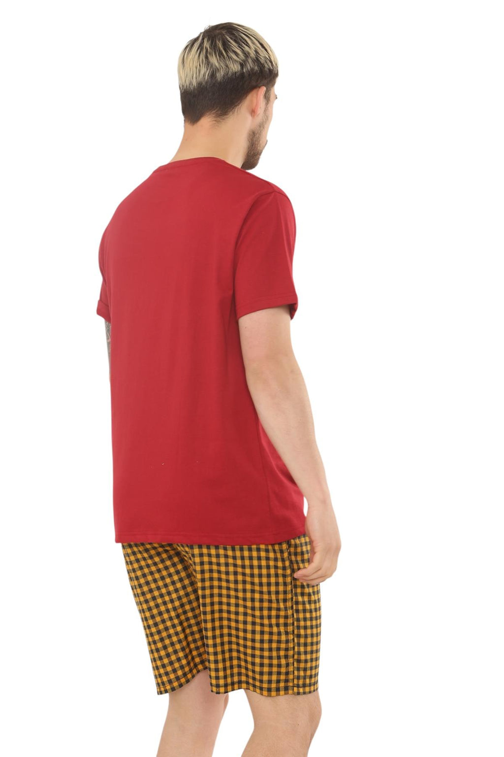 Mens Check Cotton Pyjama Set T-Shirt Woven Shorts Lounge Sleepwear Nightwear Set