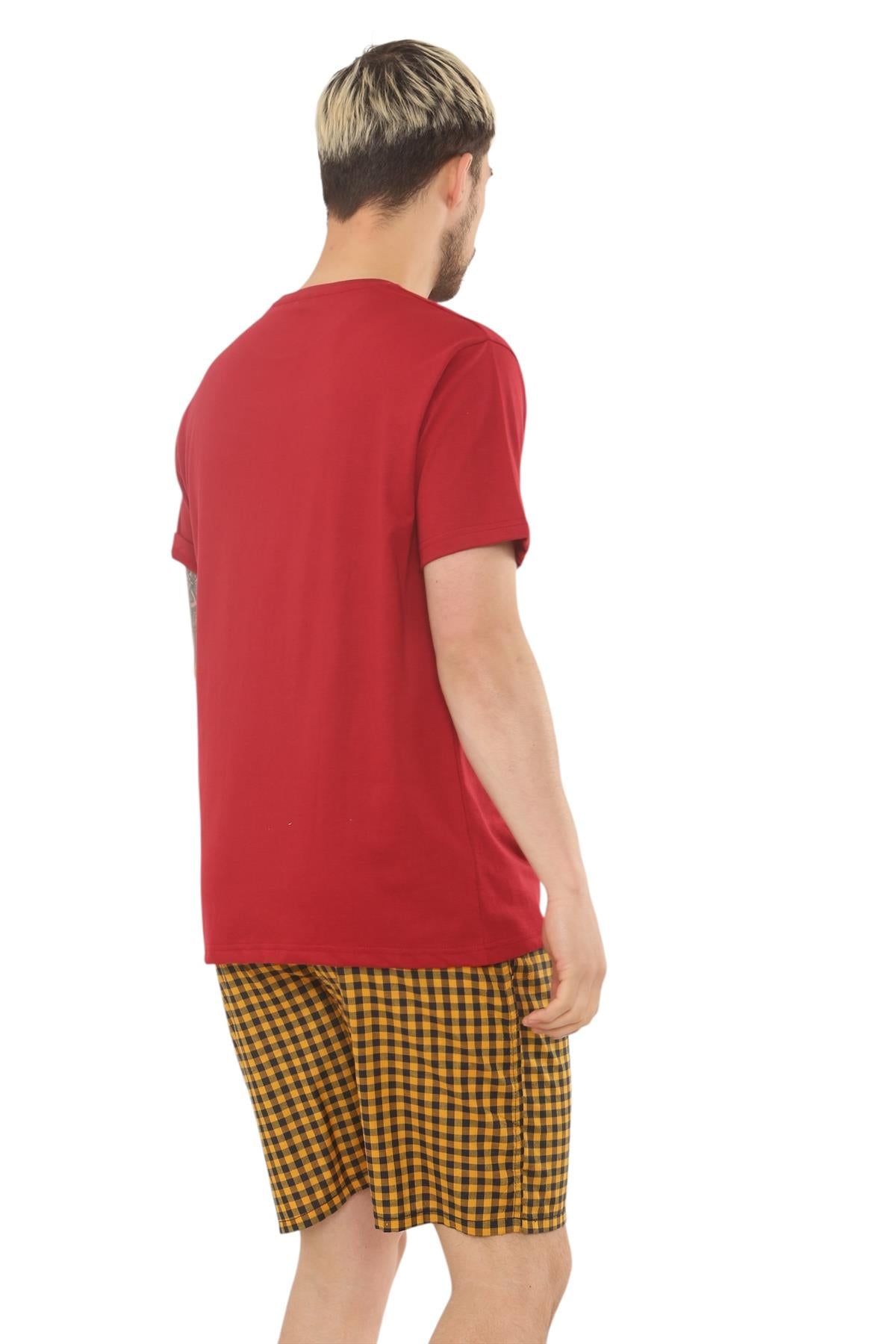 Mens Check Cotton Pyjama Set T-Shirt Woven Shorts Lounge Sleepwear Nightwear Set