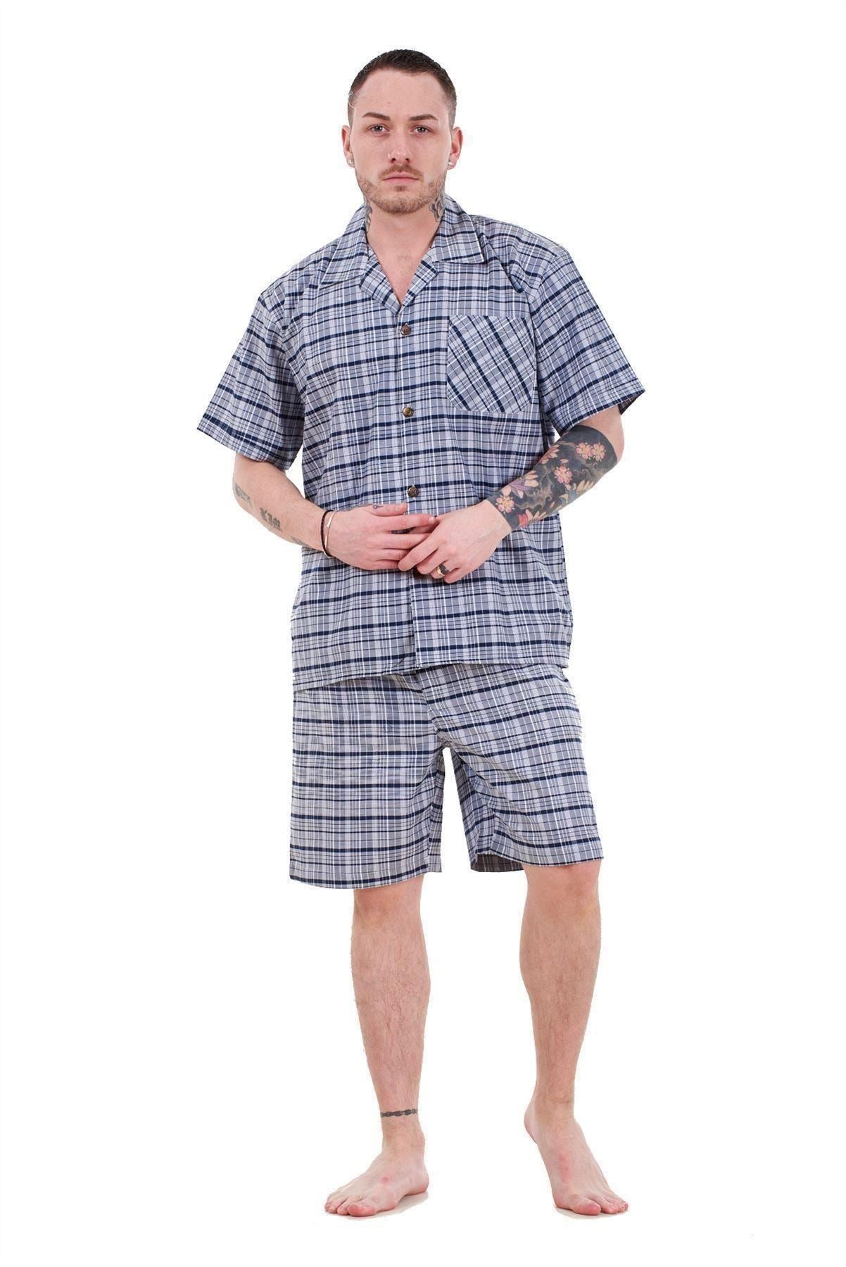 Mens Yarn Dyed Woven Pyjama Set Regular Big Size Check Cotton Blend Shorts M-5XL