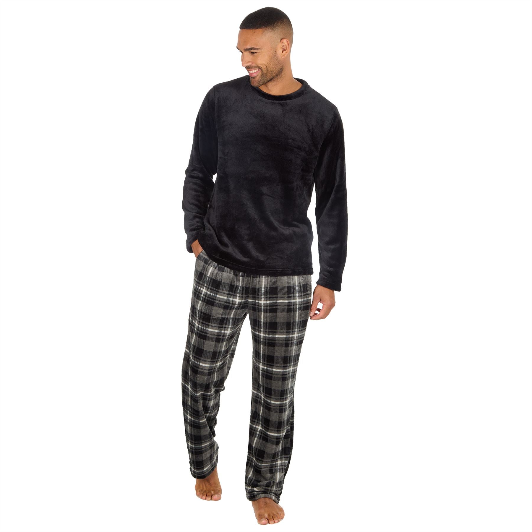 Mens Fleece Pyjamas Long Sleeve Pyjama Set Gamer Gaming Check Size S-XXL