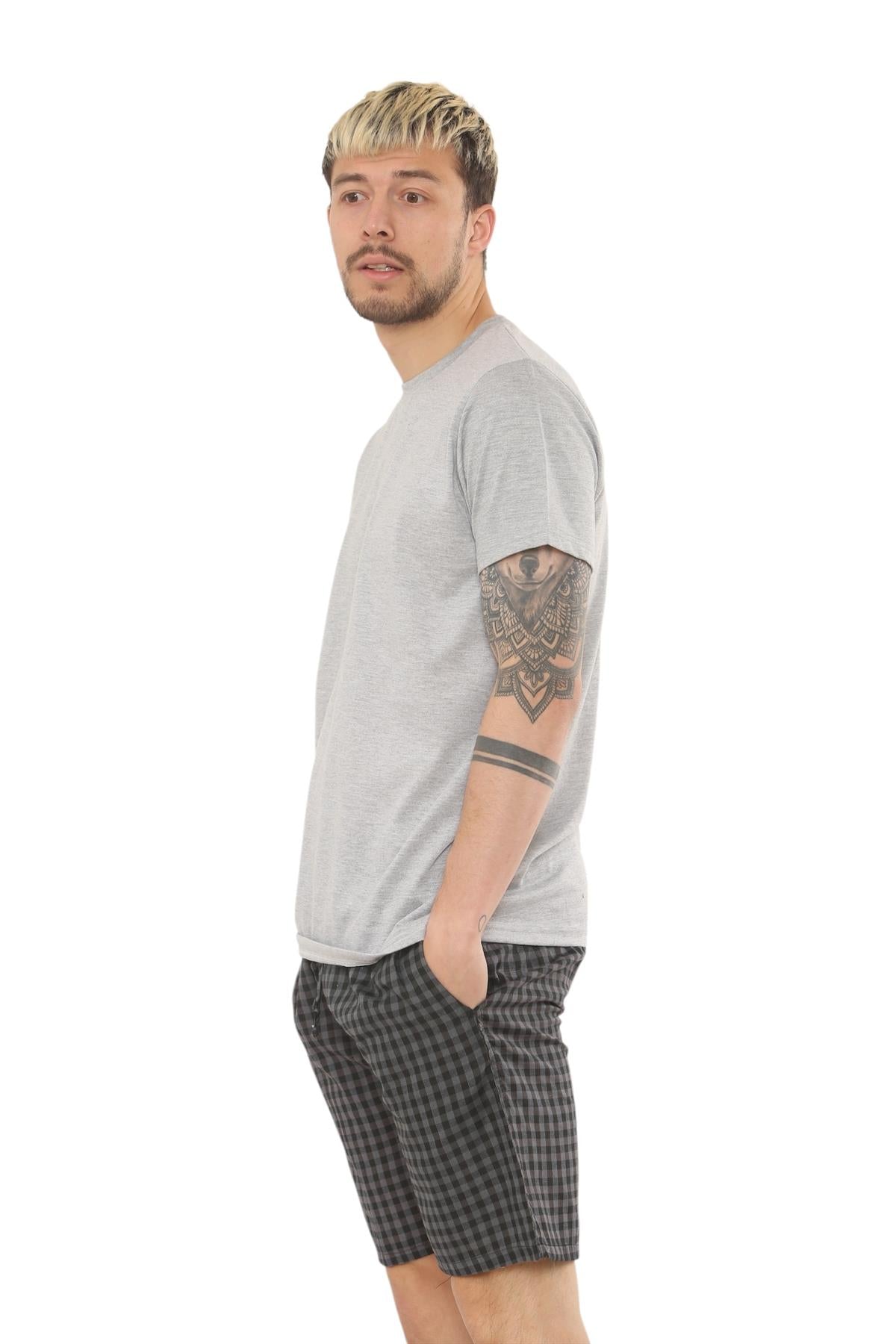 Mens Check Cotton Pyjama Set T-Shirt Woven Shorts Lounge Sleepwear Nightwear Set