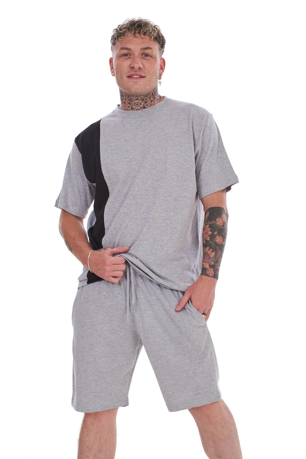 Mens Contrast Panel T-Shirt & Shorts Set Summer Tracksuit 2 Piece loungewear