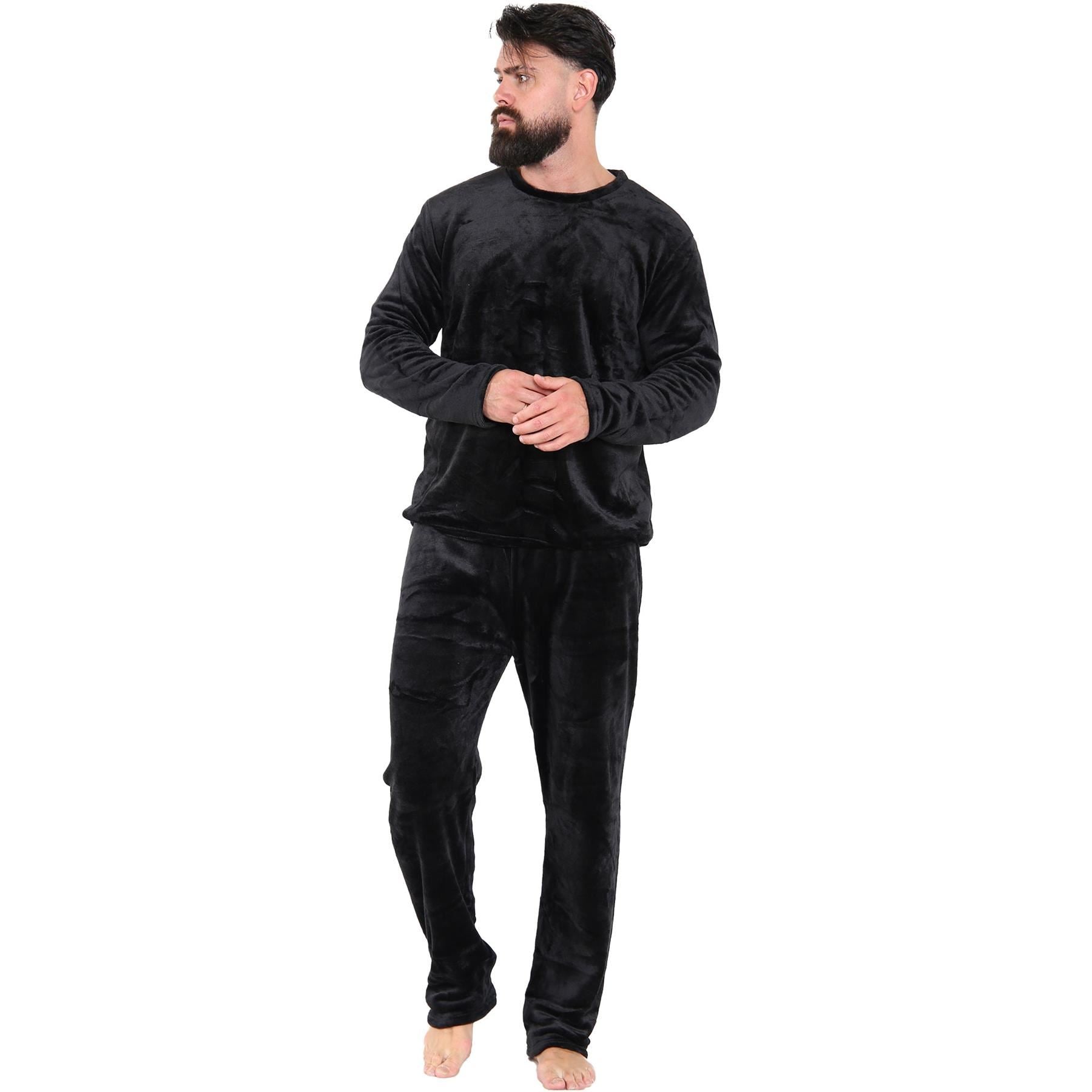 Mens Pyjamas Soft Warm Fleece Adults Crew Neck Pyjamas 2 Piece Gift Set For Mens