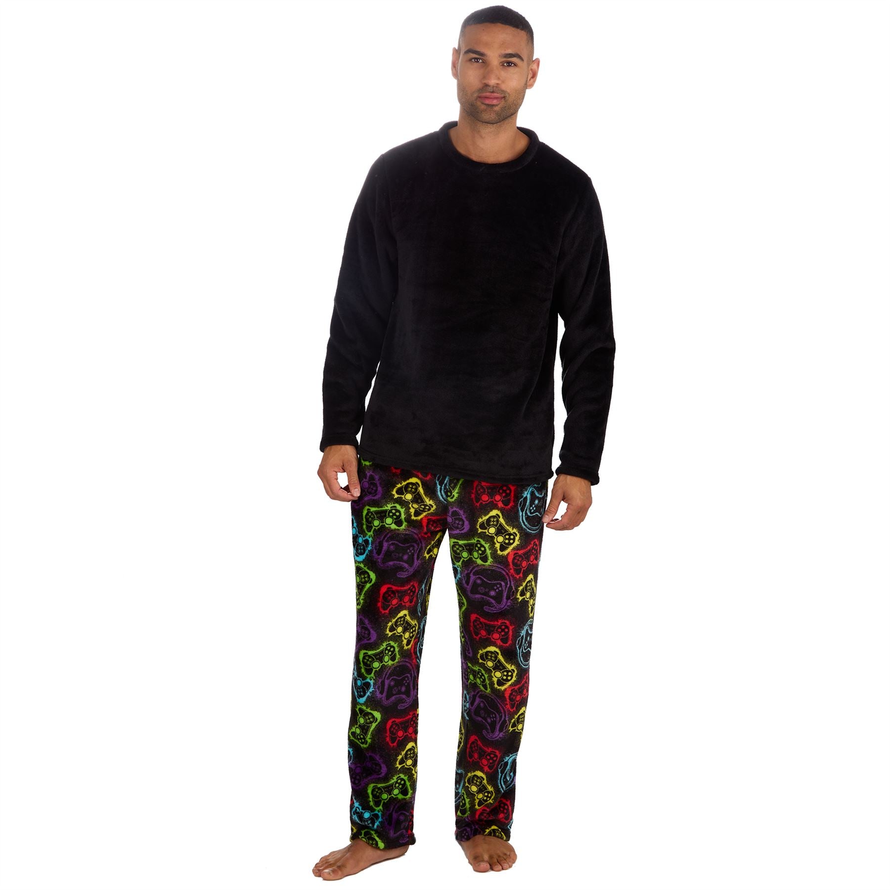 Mens Fleece Pyjamas Long Sleeve Pyjama Set Gamer Gaming Check Size S-XXL