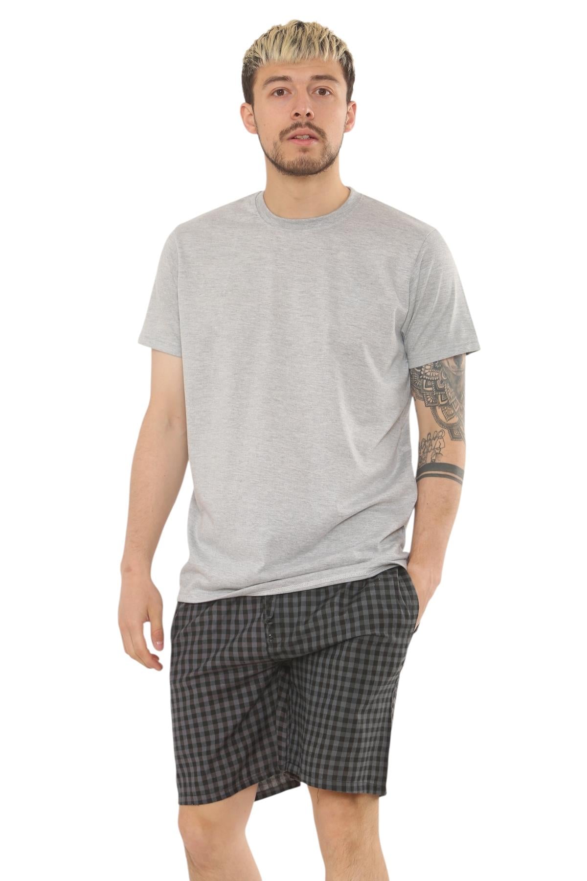 Mens Check Cotton Pyjama Set T-Shirt Woven Shorts Lounge Sleepwear Nightwear Set