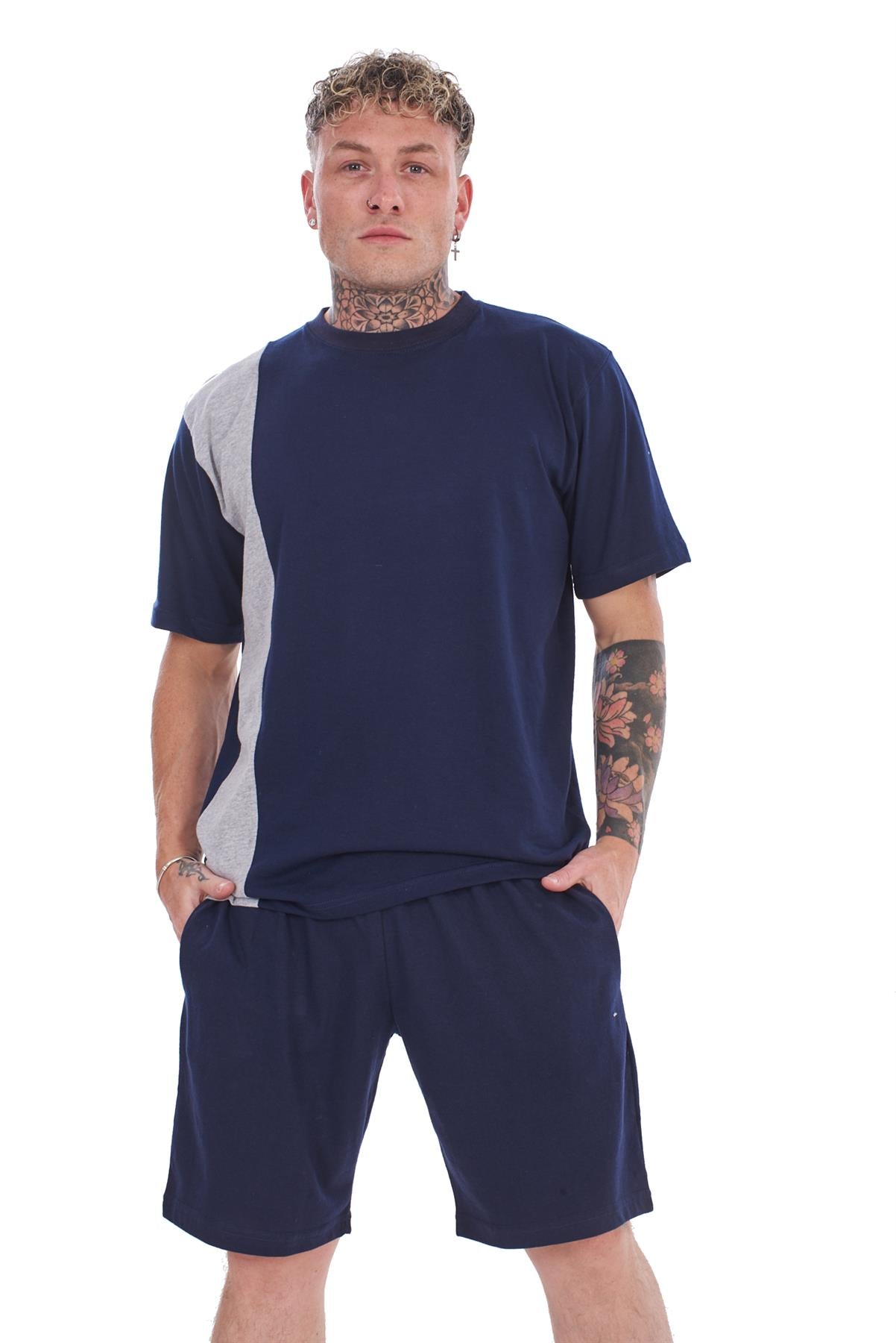 Mens Contrast Panel T-Shirt & Shorts Set Summer Tracksuit 2 Piece loungewear