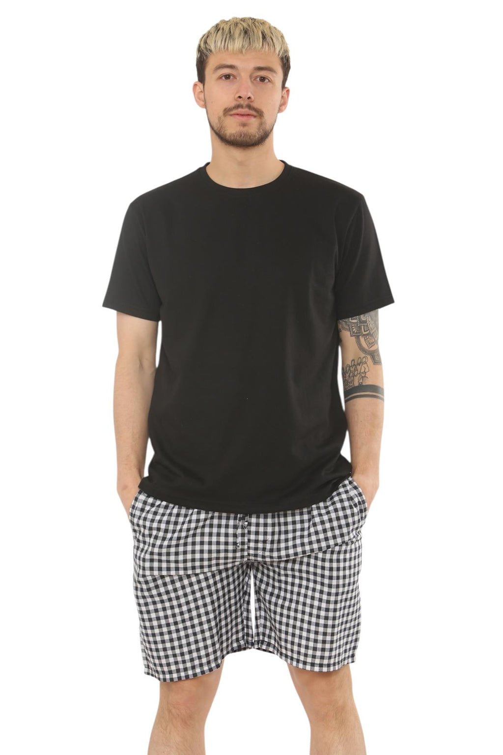 Mens Check Cotton Pyjama Set T-Shirt Woven Shorts Lounge Sleepwear Nightwear Set