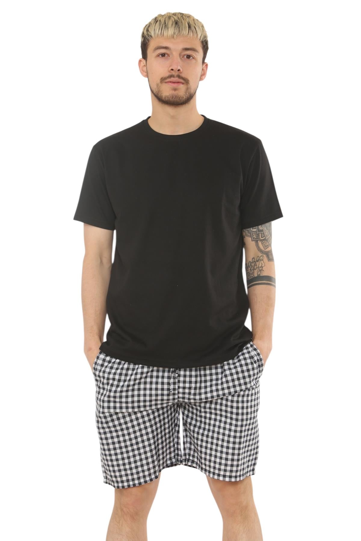 Mens Check Cotton Pyjama Set T-Shirt Woven Shorts Lounge Sleepwear Nightwear Set