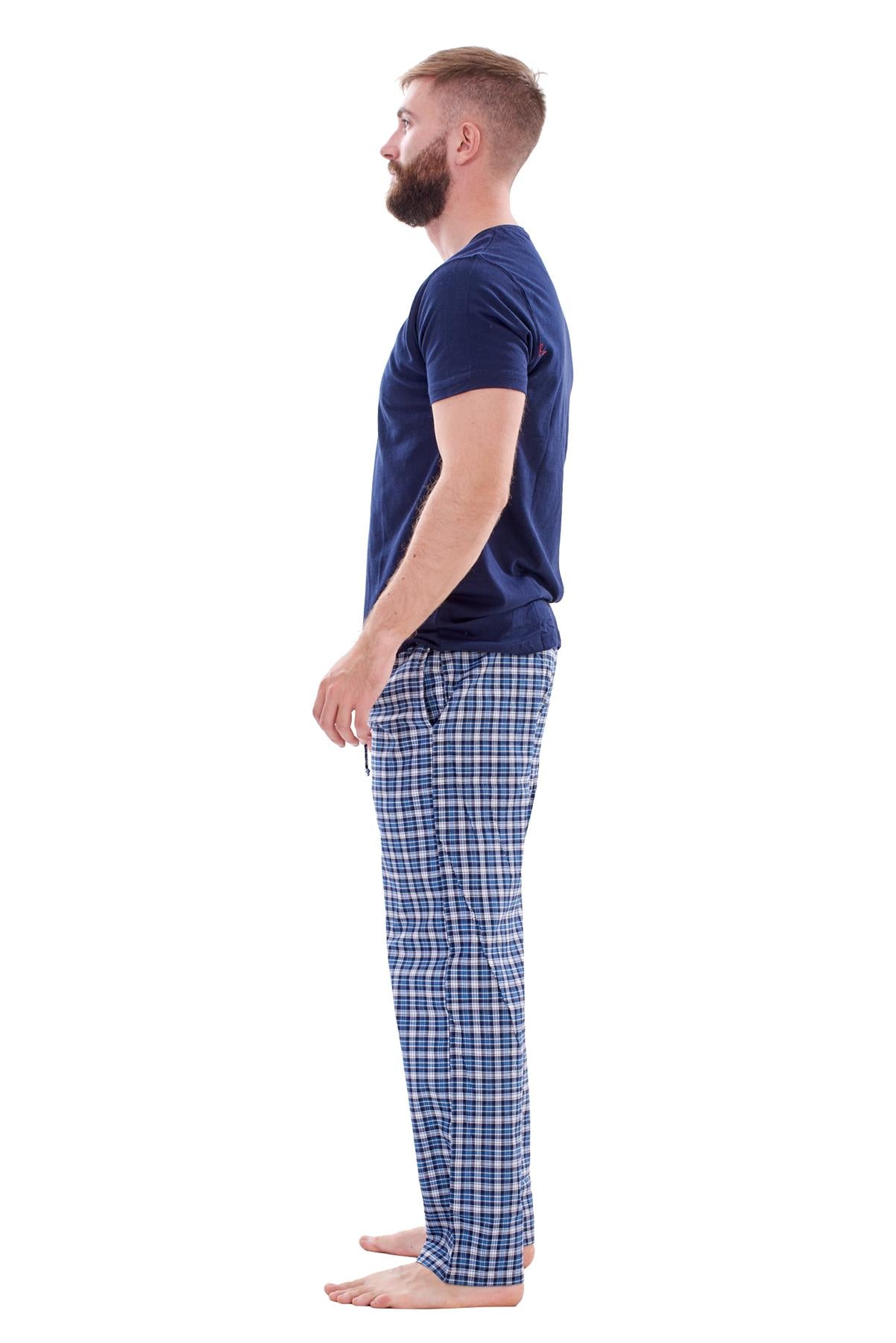 Mens Nightwear Pyjama Set Woven Cotton Check Jersey Top Loungewear Lightweight