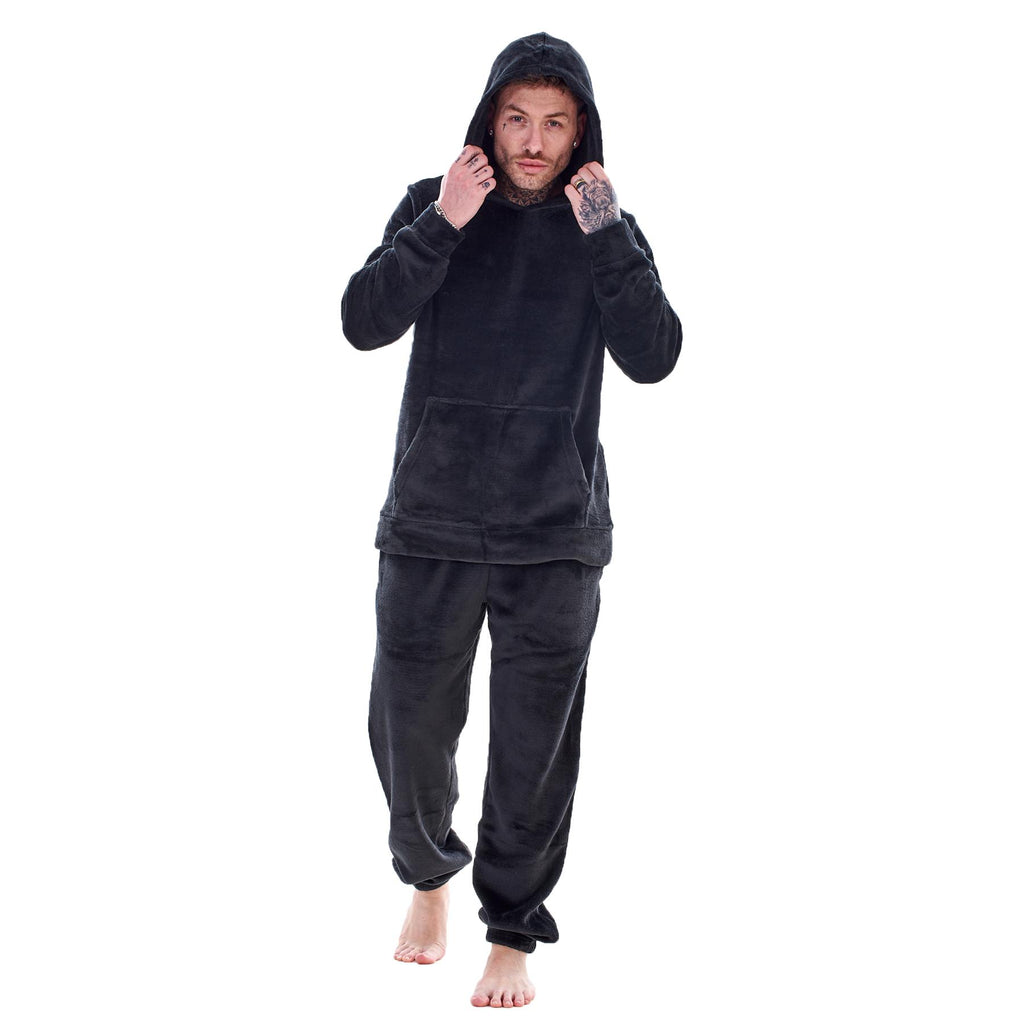 Mens Luxury Flannel Fleece Hooded Pyjamas Twosies Crew Neck Lounge Set Soft Warm