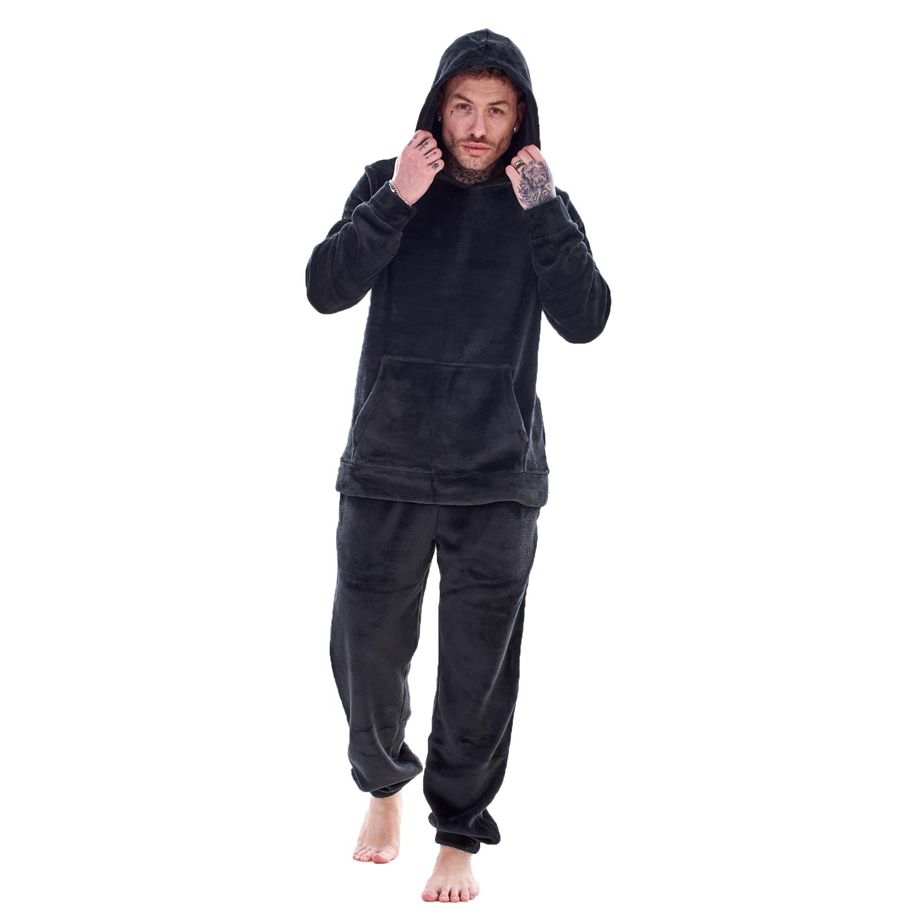 Mens Luxury Flannel Fleece Hooded Pyjamas Twosies Crew Neck Lounge Set Soft Warm