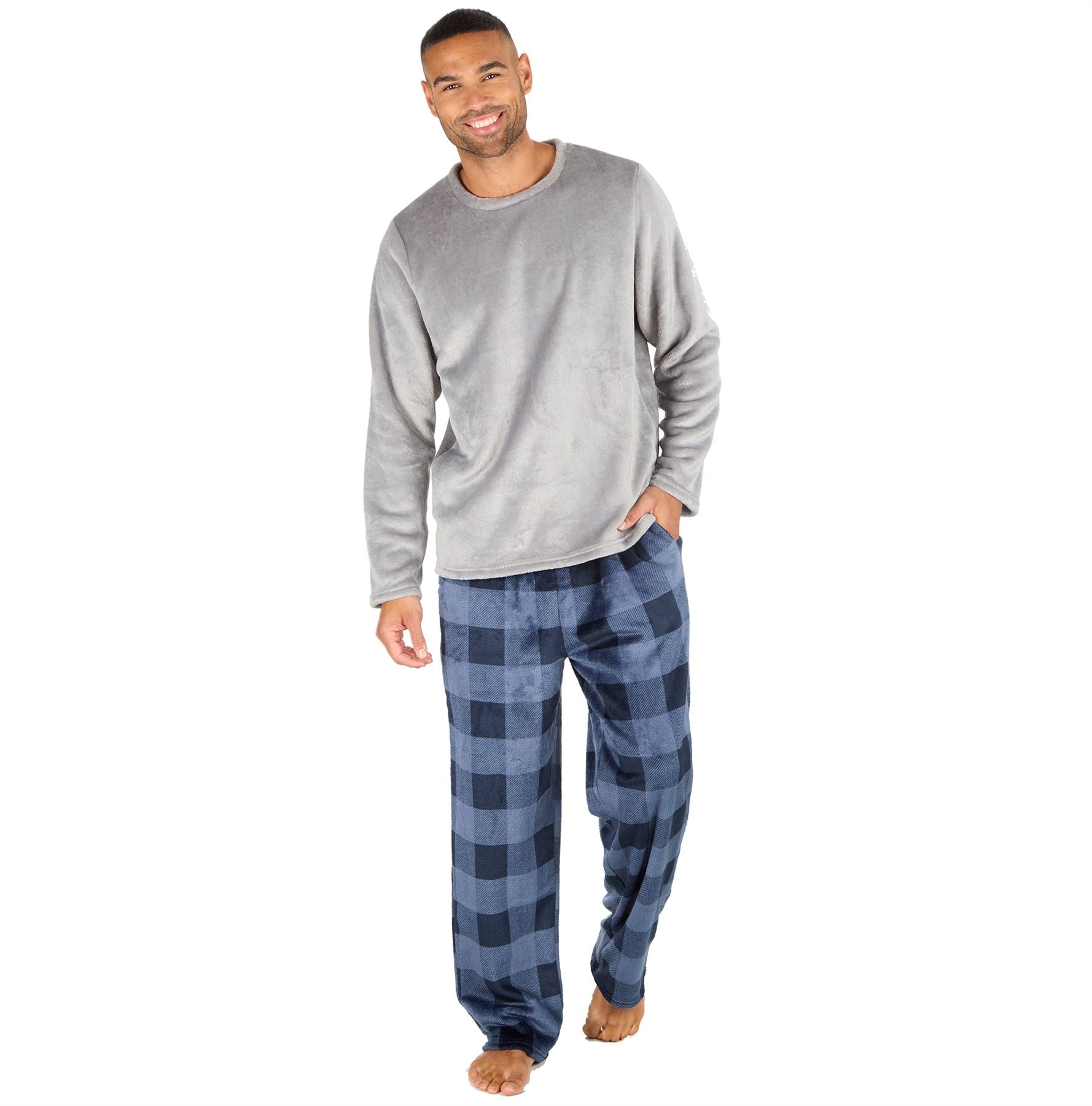 Mens Fleece Pyjamas Long Sleeve Pyjama Set Gamer Gaming Check Size S-XXL