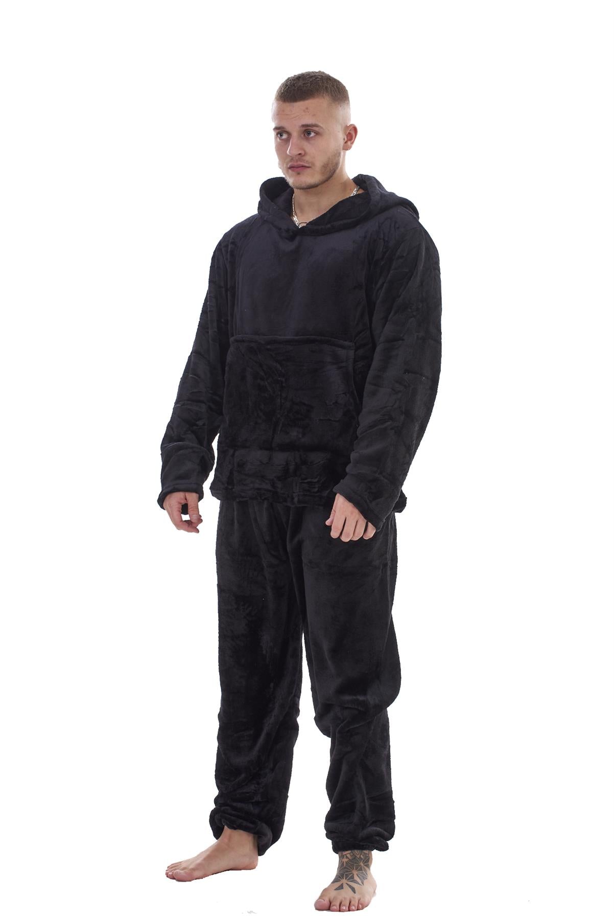 Mens Fleece Flannel Pyjama Set Hooded Warm Winter Loungewear M to XXL