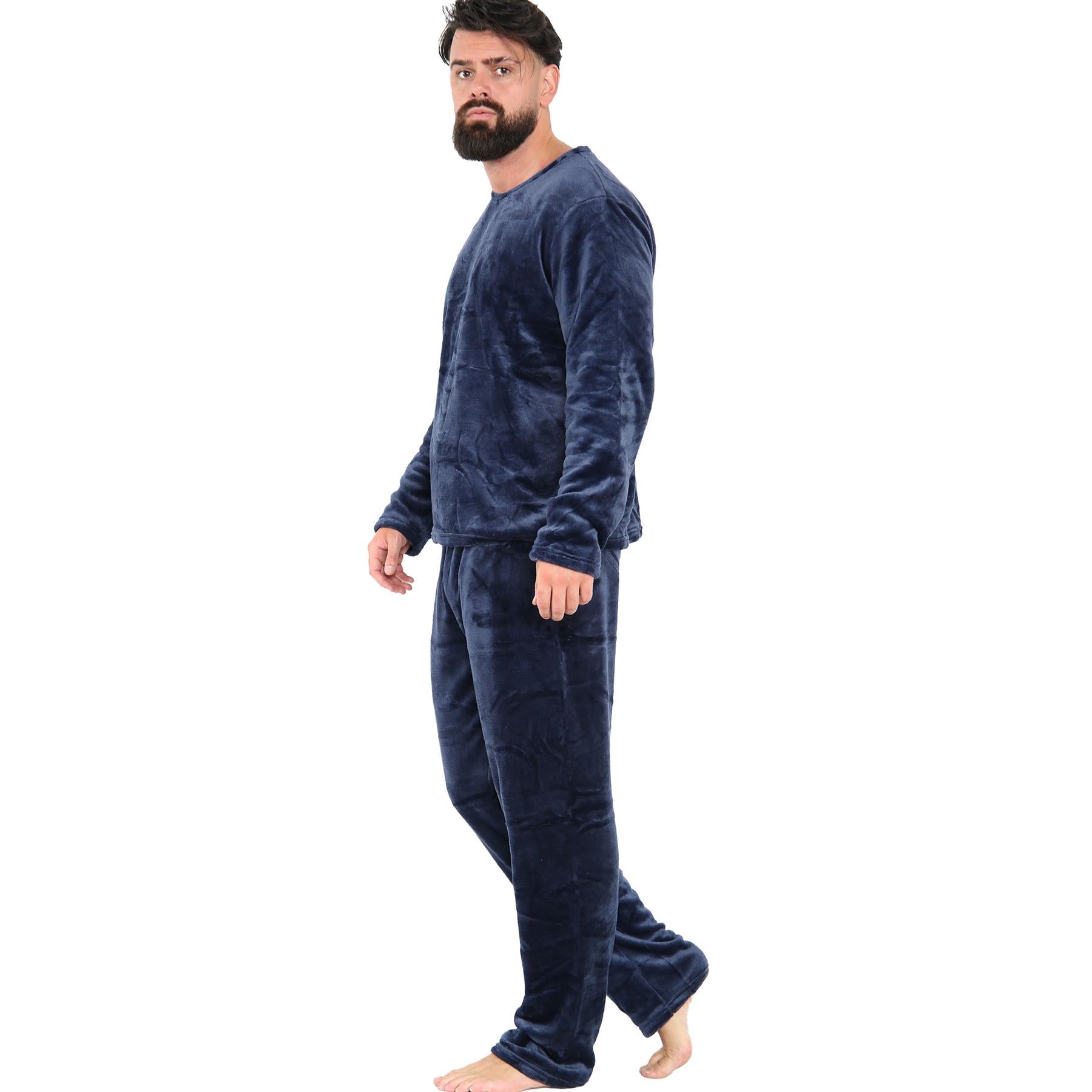 Mens Pyjamas Soft Warm Fleece Adults Crew Neck Pyjamas 2 Piece Gift Set For Mens