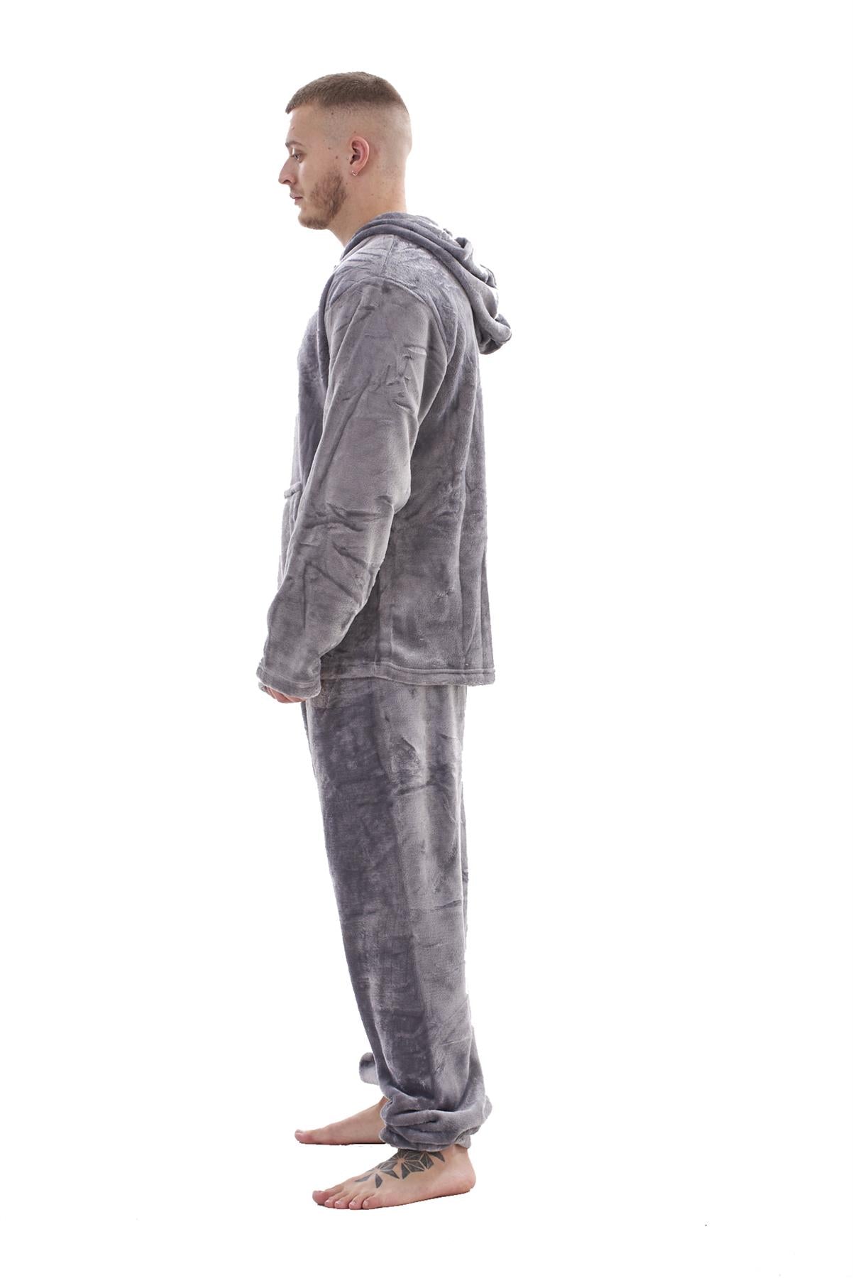 Mens Fleece Flannel Pyjama Set Hooded Warm Winter Loungewear M to XXL