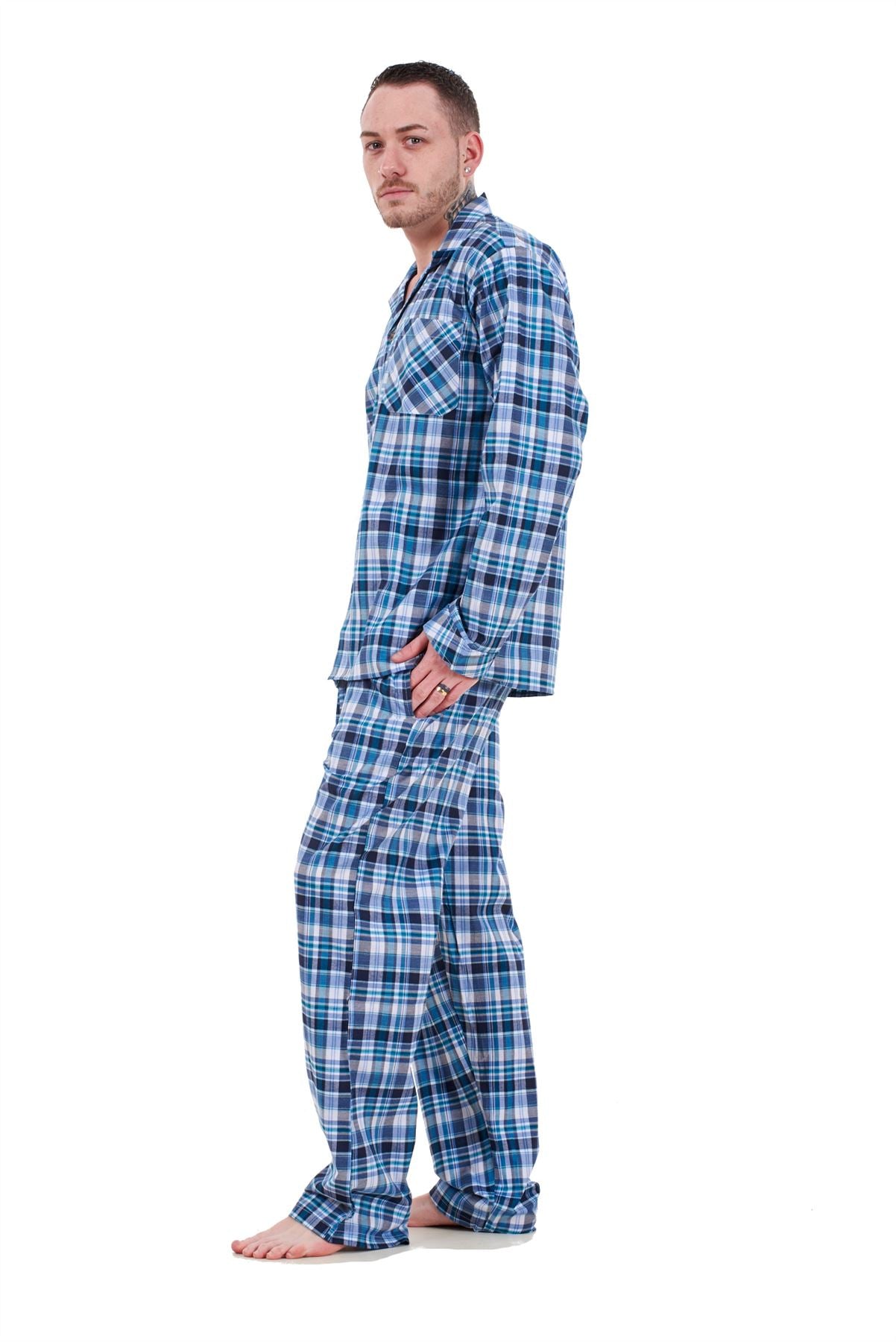 Mens Pyjama Set Yarn Dyed Woven Check Cotton Blend Loungewear Regular Big Size