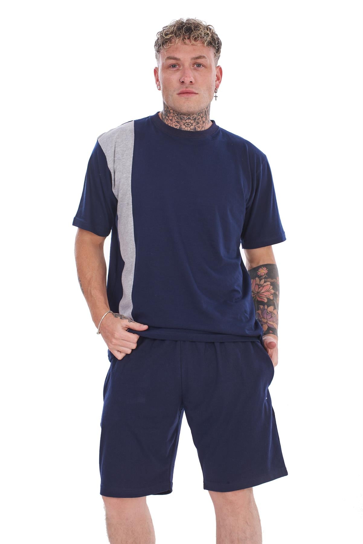 Mens Contrast Panel T-Shirt & Shorts Set Summer Tracksuit 2 Piece loungewear