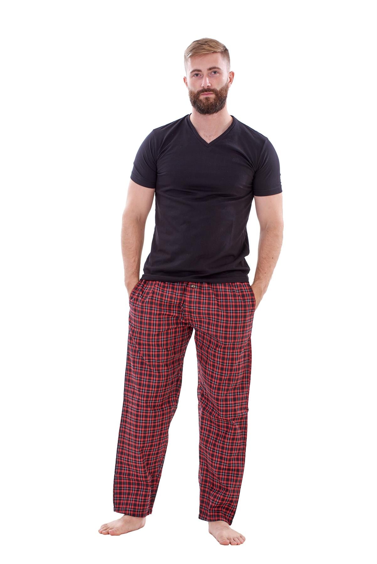 Mens Nightwear Pyjama Set Woven Cotton Check Jersey Top Loungewear Lightweight