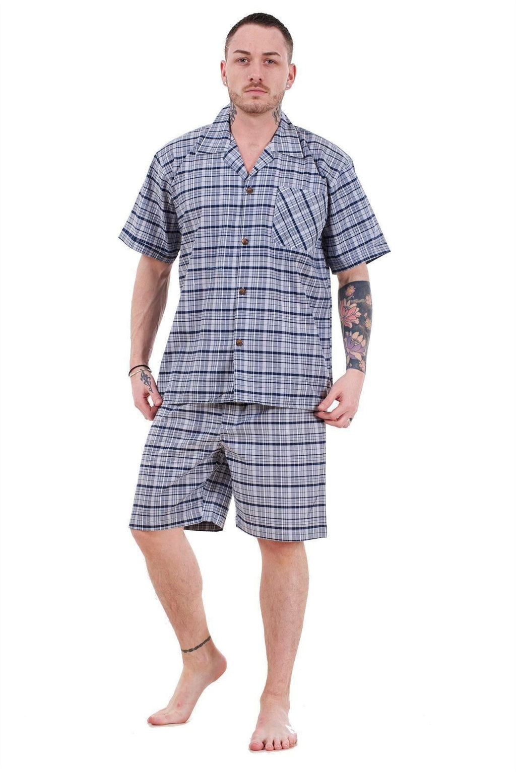 Mens Yarn Dyed Woven Pyjama Set Regular Big Size Check Cotton Blend Shorts M-5XL