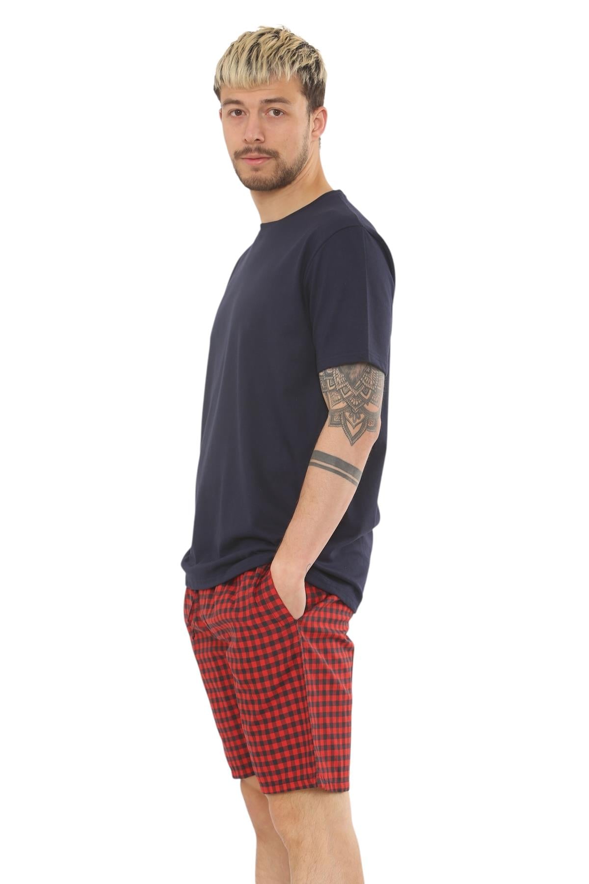Mens Check Cotton Pyjama Set T-Shirt Woven Shorts Lounge Sleepwear Nightwear Set
