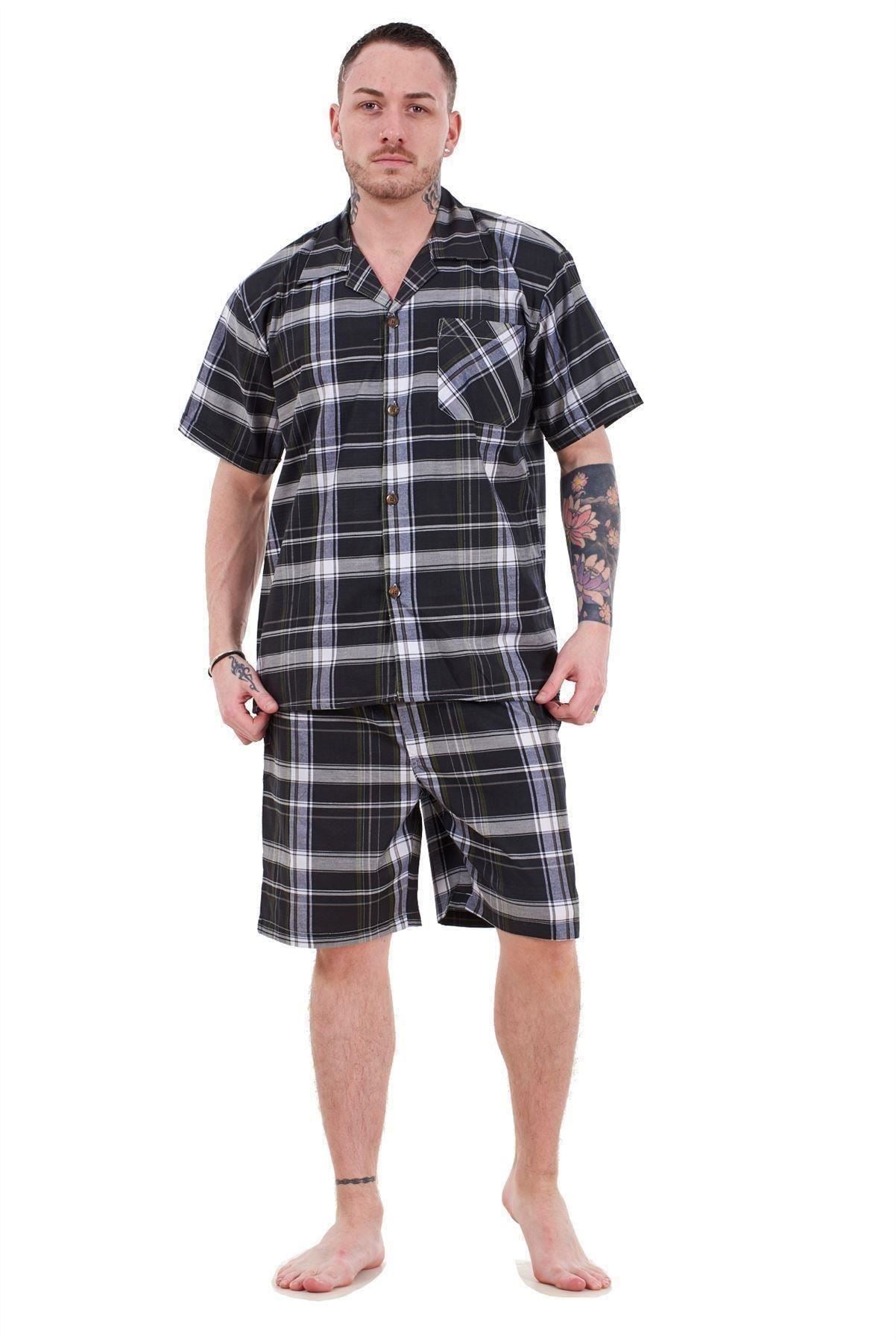Mens Yarn Dyed Woven Pyjama Set Regular Big Size Check Cotton Blend Shorts M-5XL