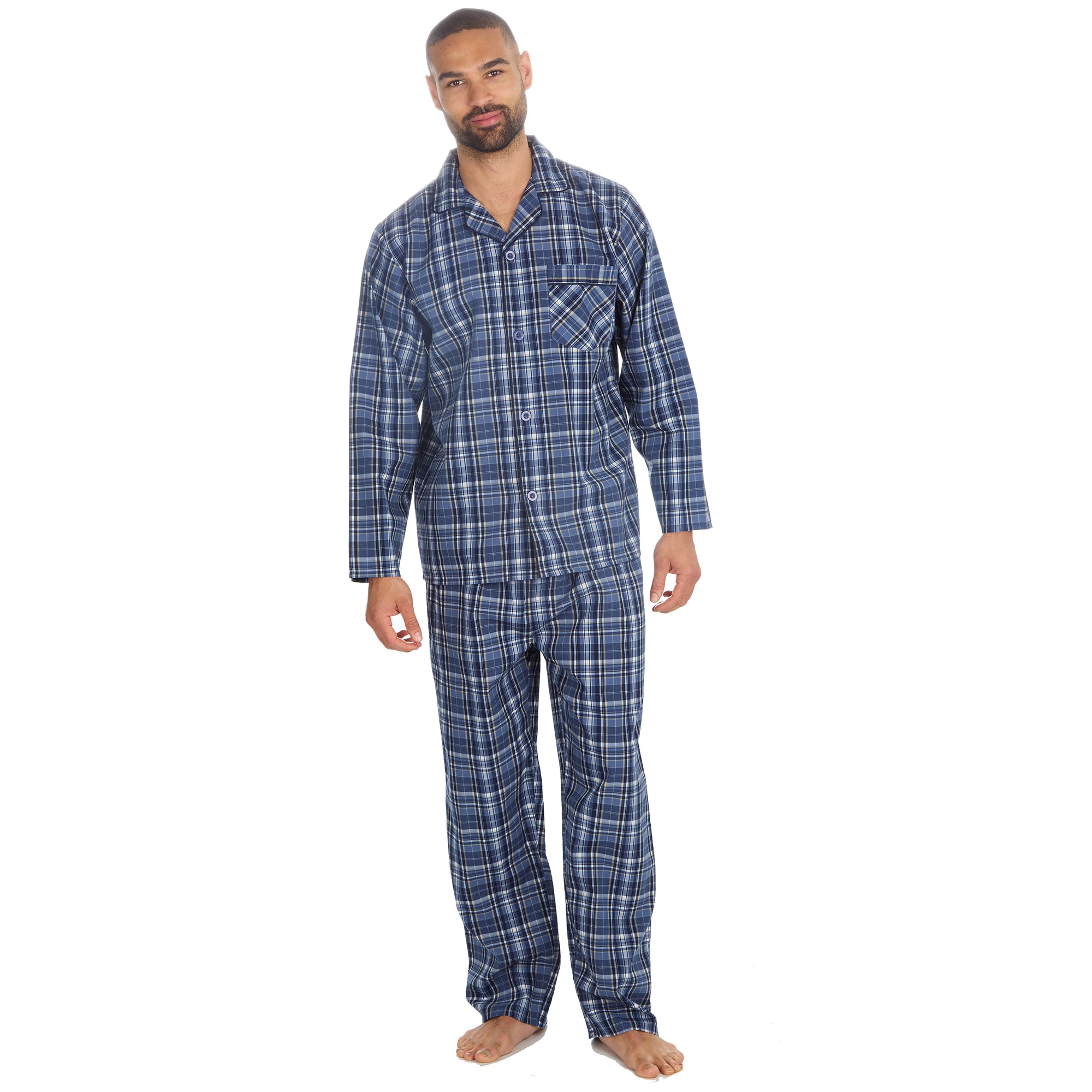 Mens 2-Piece Lounge Set Long Sleeved Shirt Long Pants Set Flannel PJs Loungewear