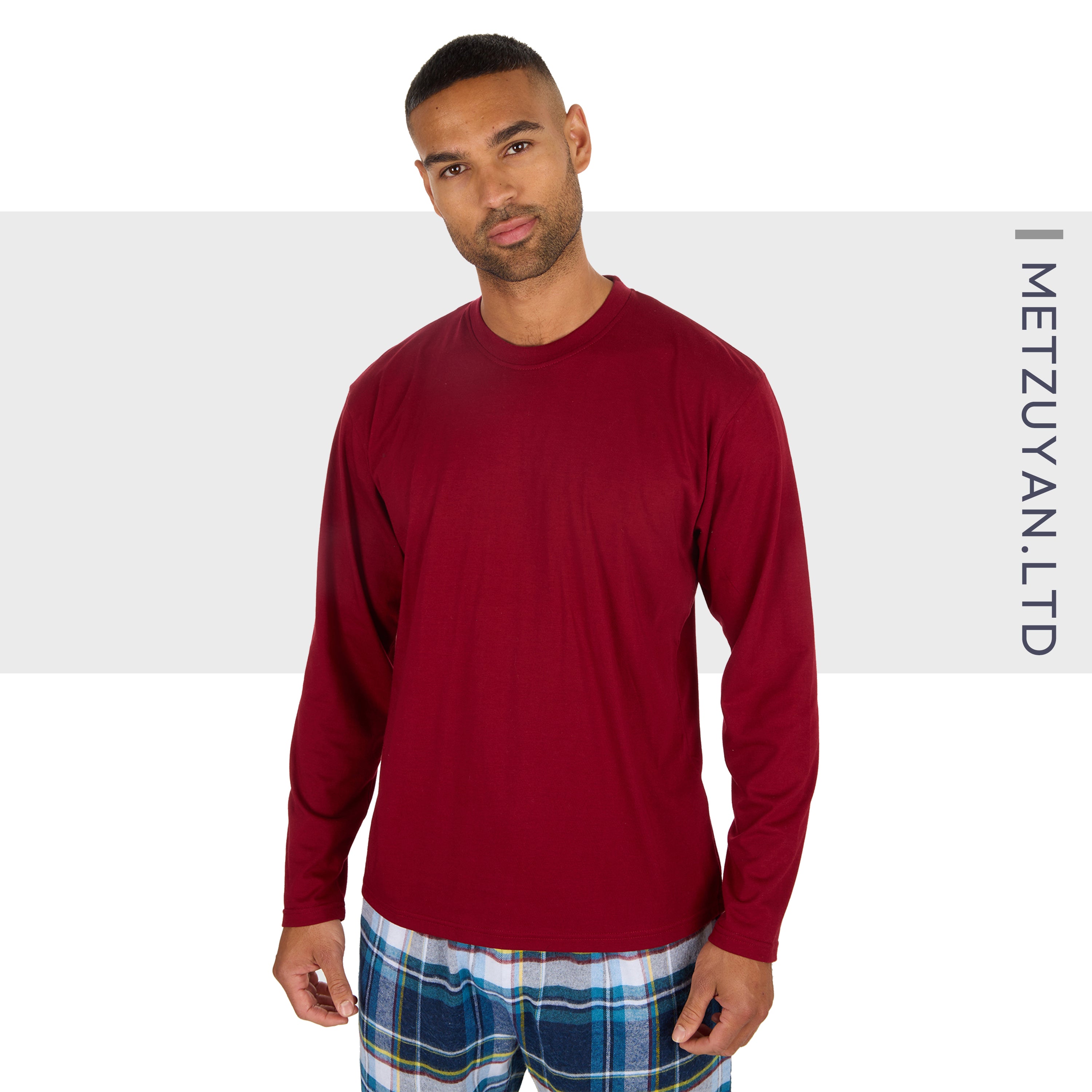 Mens Jersey Long Pyjama Set Cotton Checked Crew Neck Nightwear 2-Piece PJs M-XXL