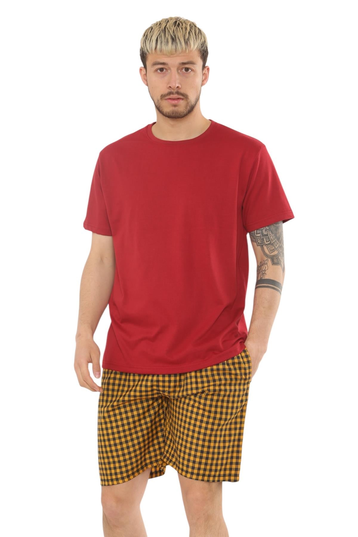 Mens Check Cotton Pyjama Set T-Shirt Woven Shorts Lounge Sleepwear Nightwear Set