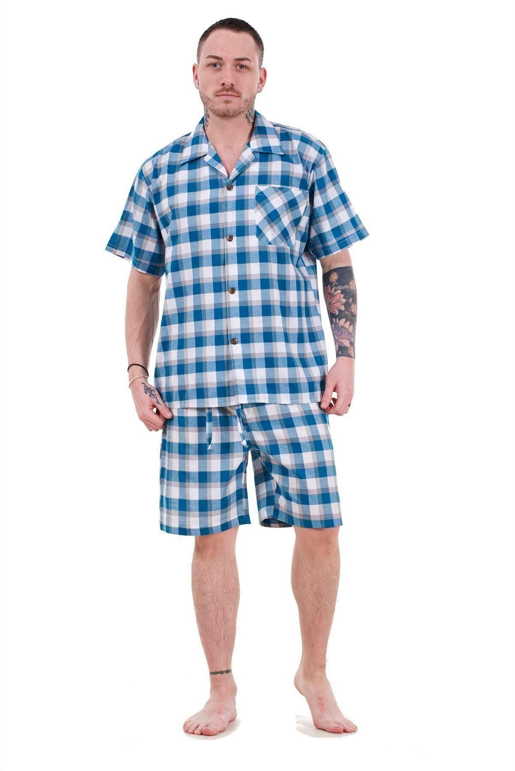 Mens Yarn Dyed Woven Pyjama Set Regular Big Size Check Cotton Blend Shorts M-5XL