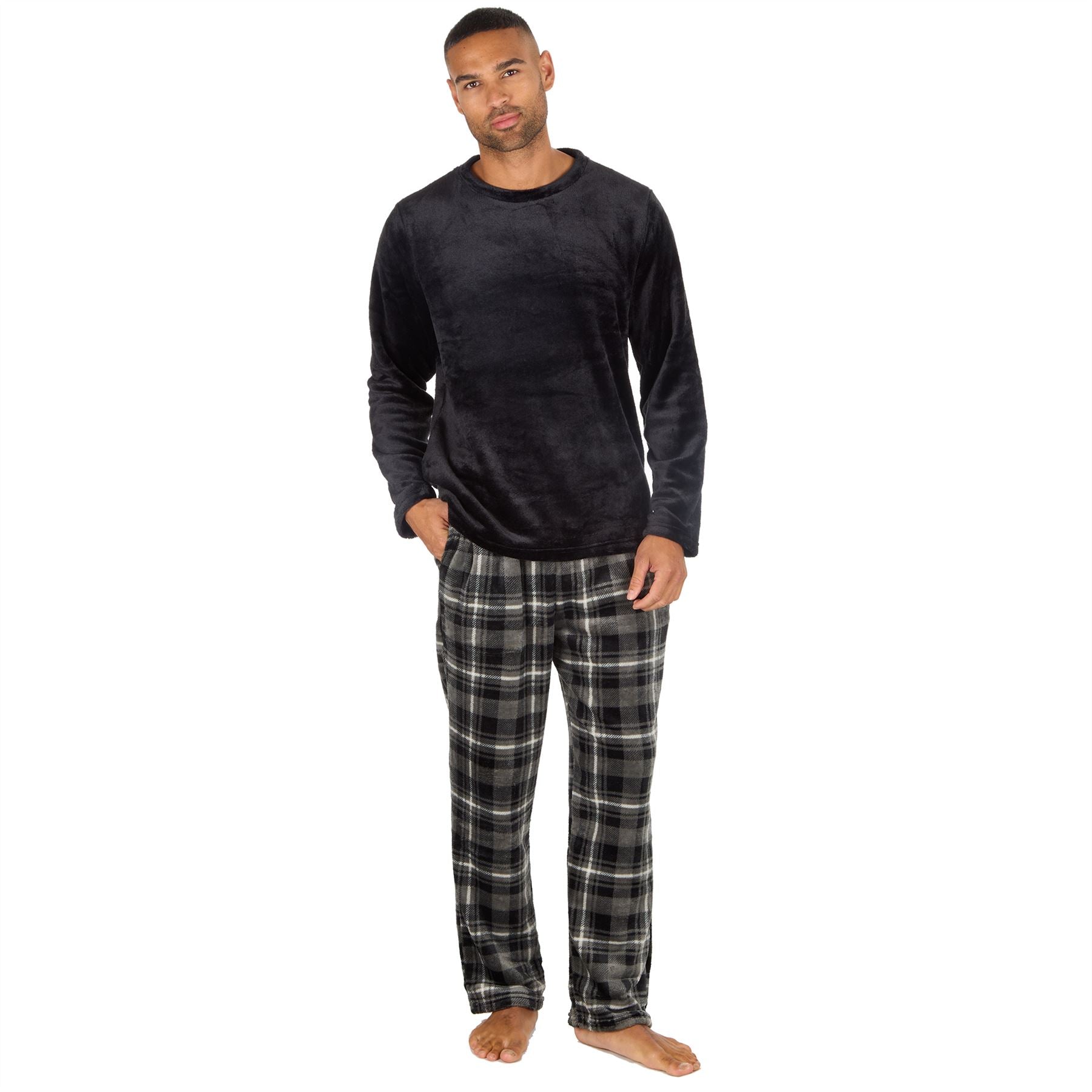 Mens Fleece Pyjamas Long Sleeve Pyjama Set Gamer Gaming Check Size S-XXL