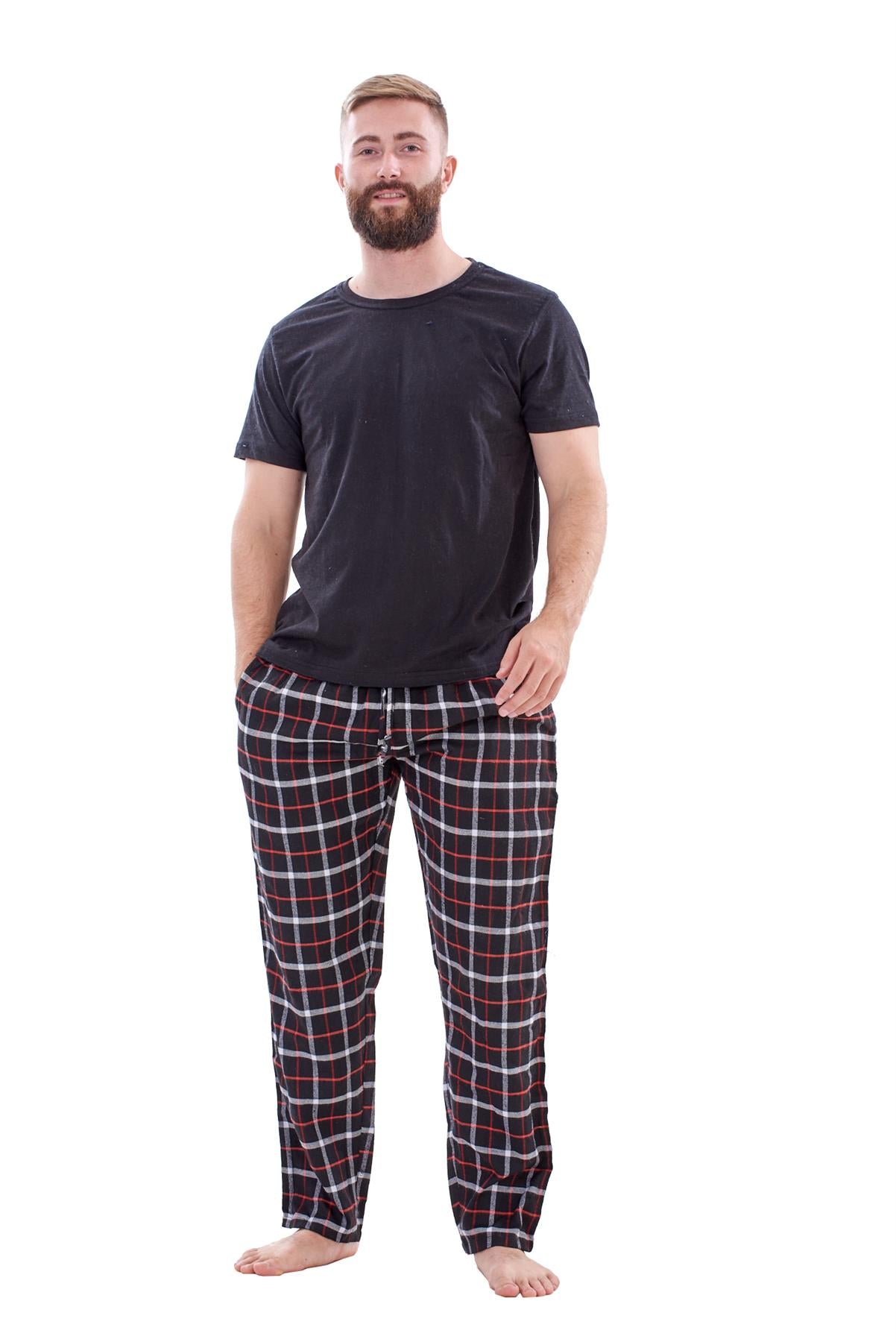 Mens Flannel Pyjama Set Brushed Cotton Check Jersey Top Loungewear Lightweight