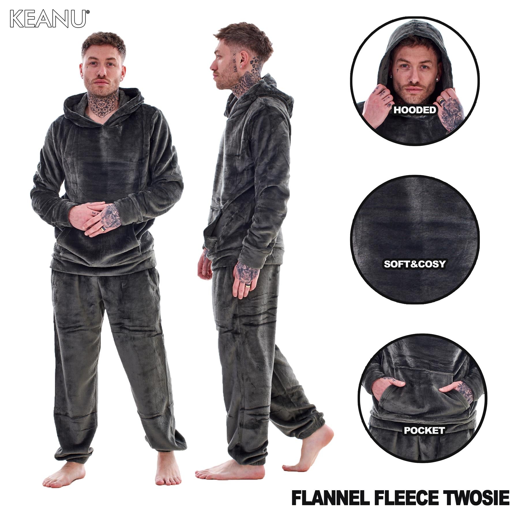 Mens Luxury Flannel Fleece Hooded Pyjamas Twosies Crew Neck Lounge Set Soft Warm