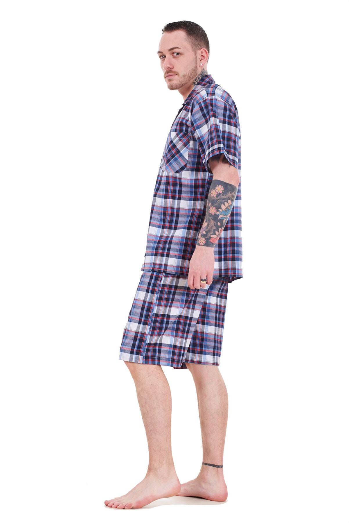 Mens Yarn Dyed Woven Pyjama Set Regular Big Size Check Cotton Blend Shorts M-5XL
